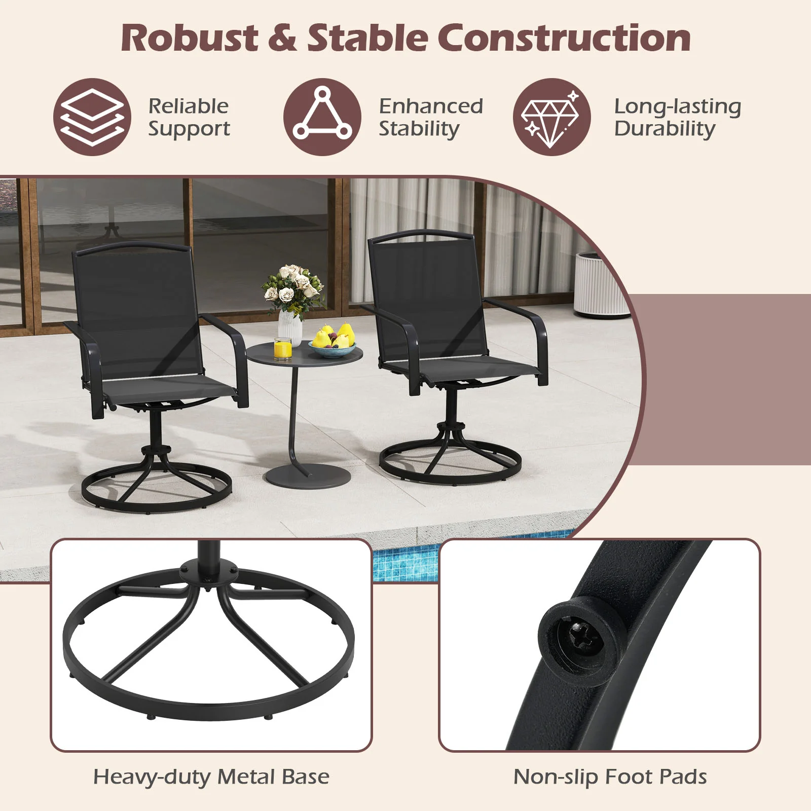 Outdoor Swivel Chairs Set of 2, Black - Image 7