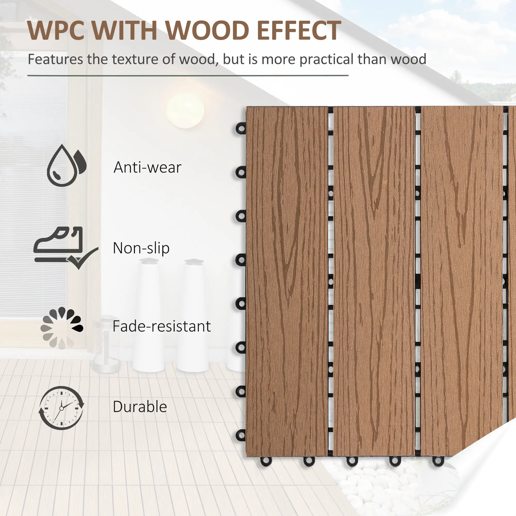 Outdoor Tiles, 11 Pack 12" x 12" WPC Interlocking Deck Tiles Waterproof and Non-slip - Image 4
