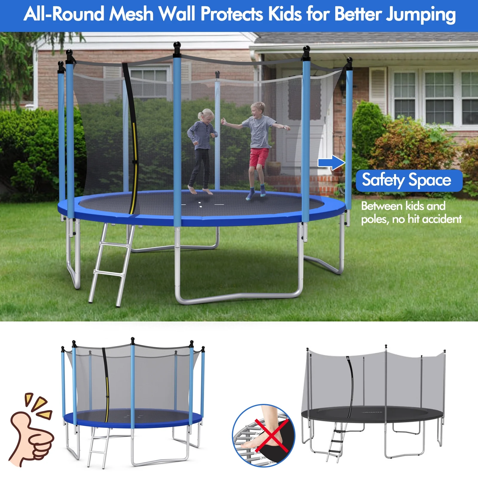 Outdoor Trampoline, 12 ft, Safety Closure Net, Blue - Image 3