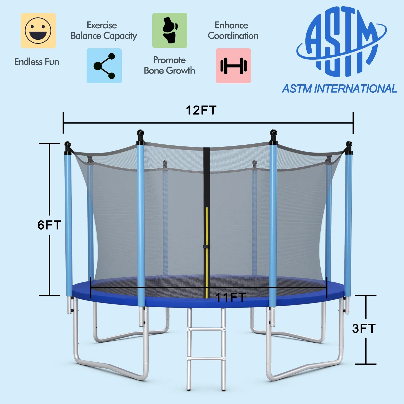 Outdoor Trampoline, 12 ft, Safety Closure Net, Blue - Image 5
