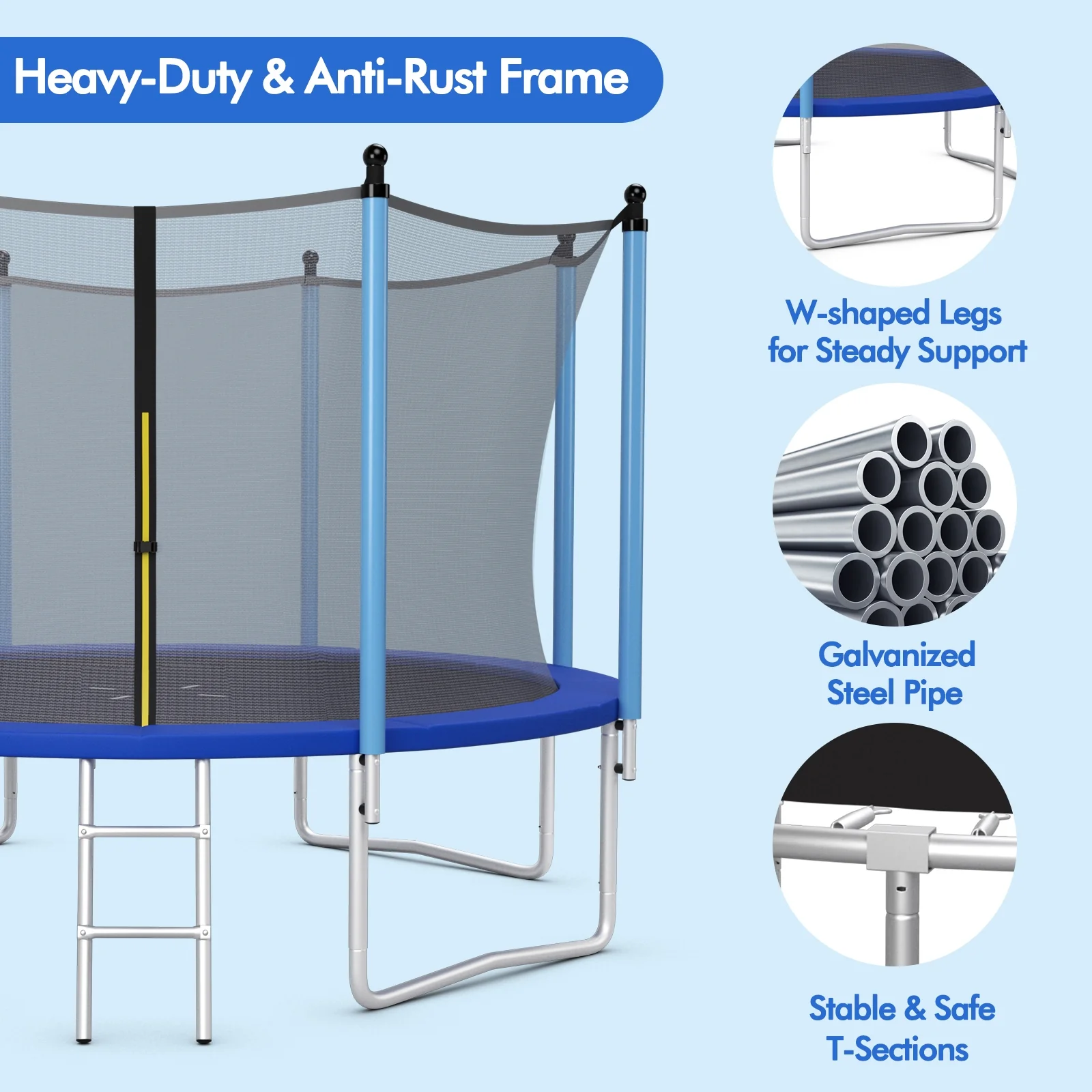 Outdoor Trampoline, 12 ft, Safety Closure Net, Blue - Image 6