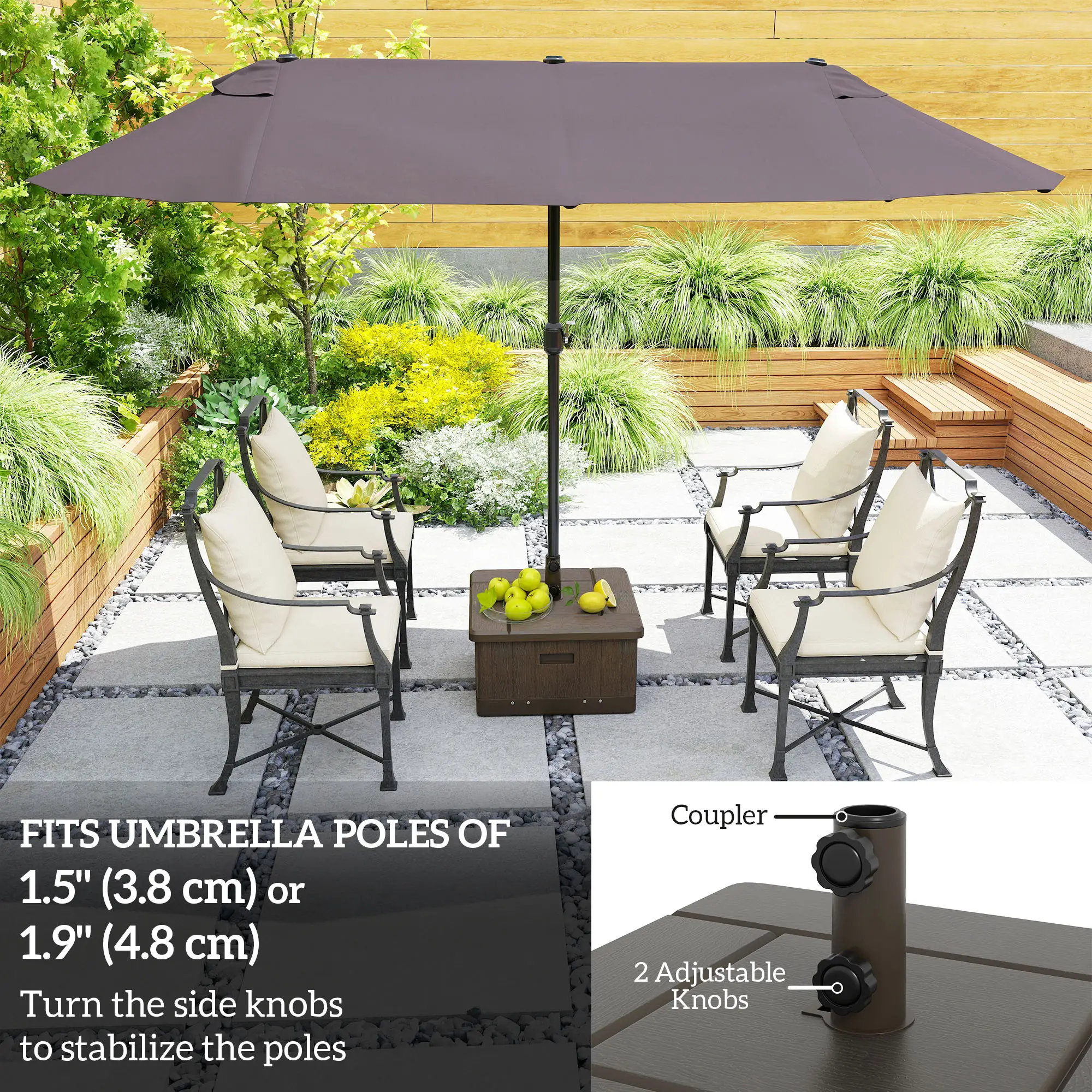Outdoor Umbrella Base with Wheels, End Table, Flower Box, 176 lbs., Brown - Image 5