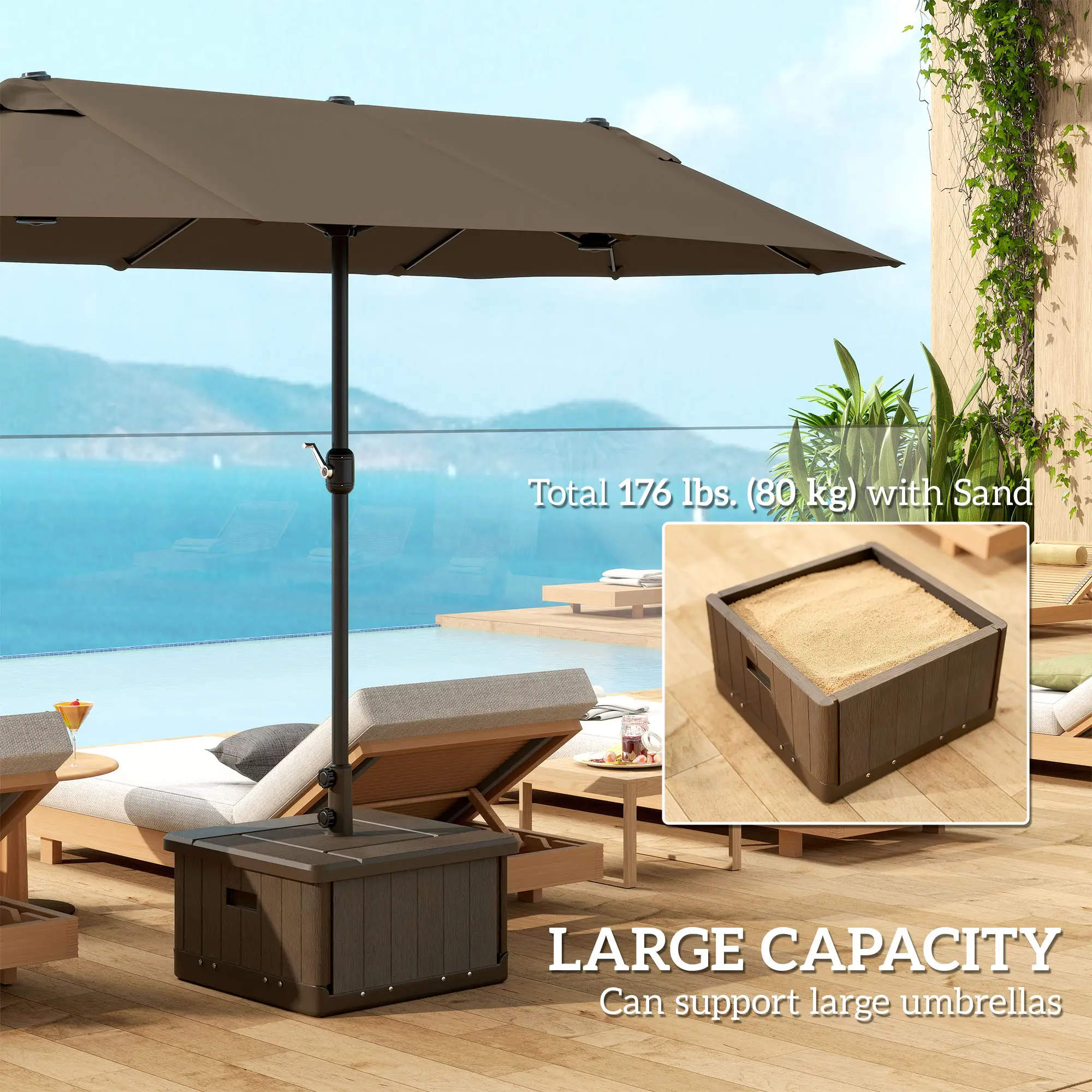 Outdoor Umbrella Base with Wheels, End Table, Flower Box, 176 lbs., Brown - Image 6