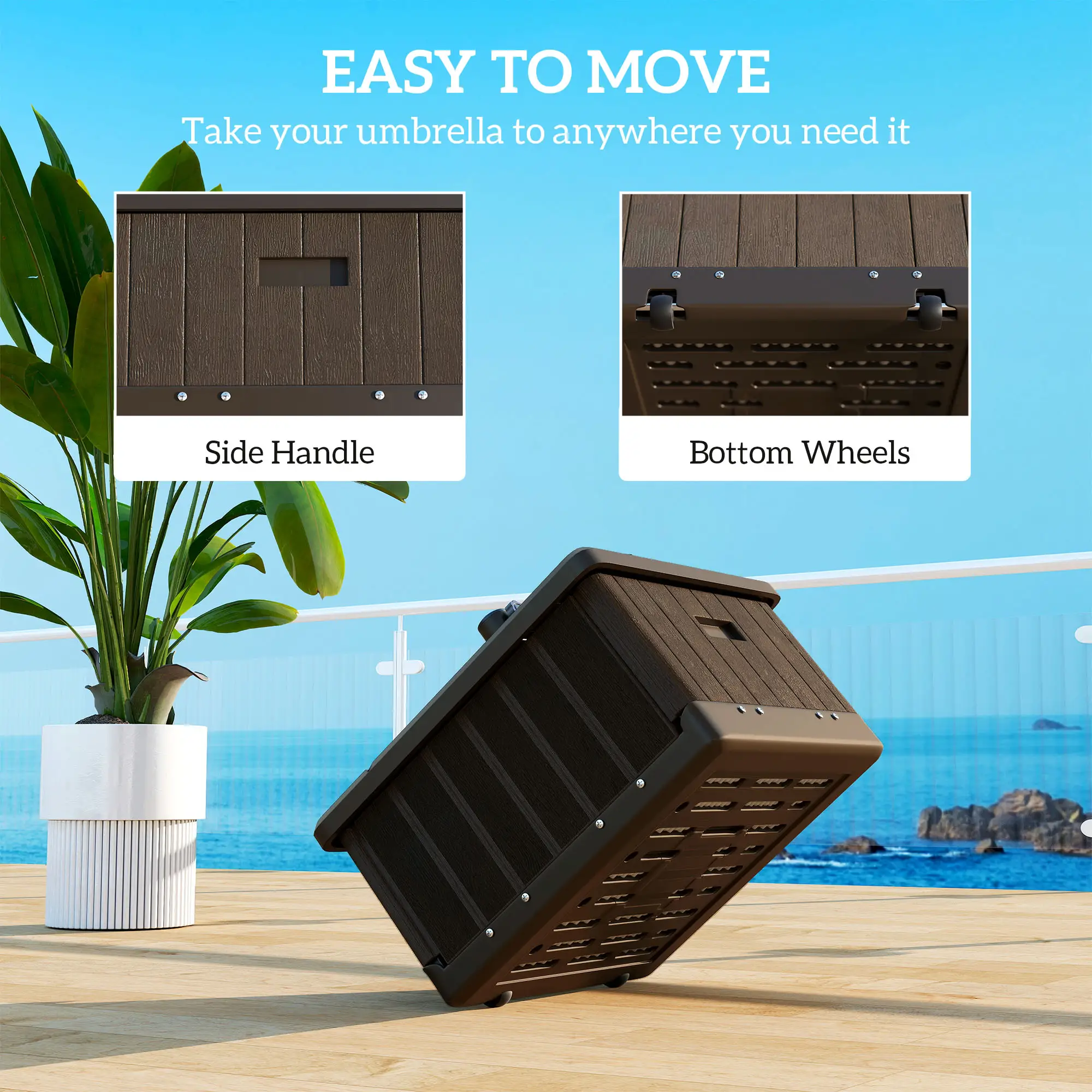Outdoor Umbrella Base with Wheels, End Table, Flower Box, 176 lbs., Brown - Image 7