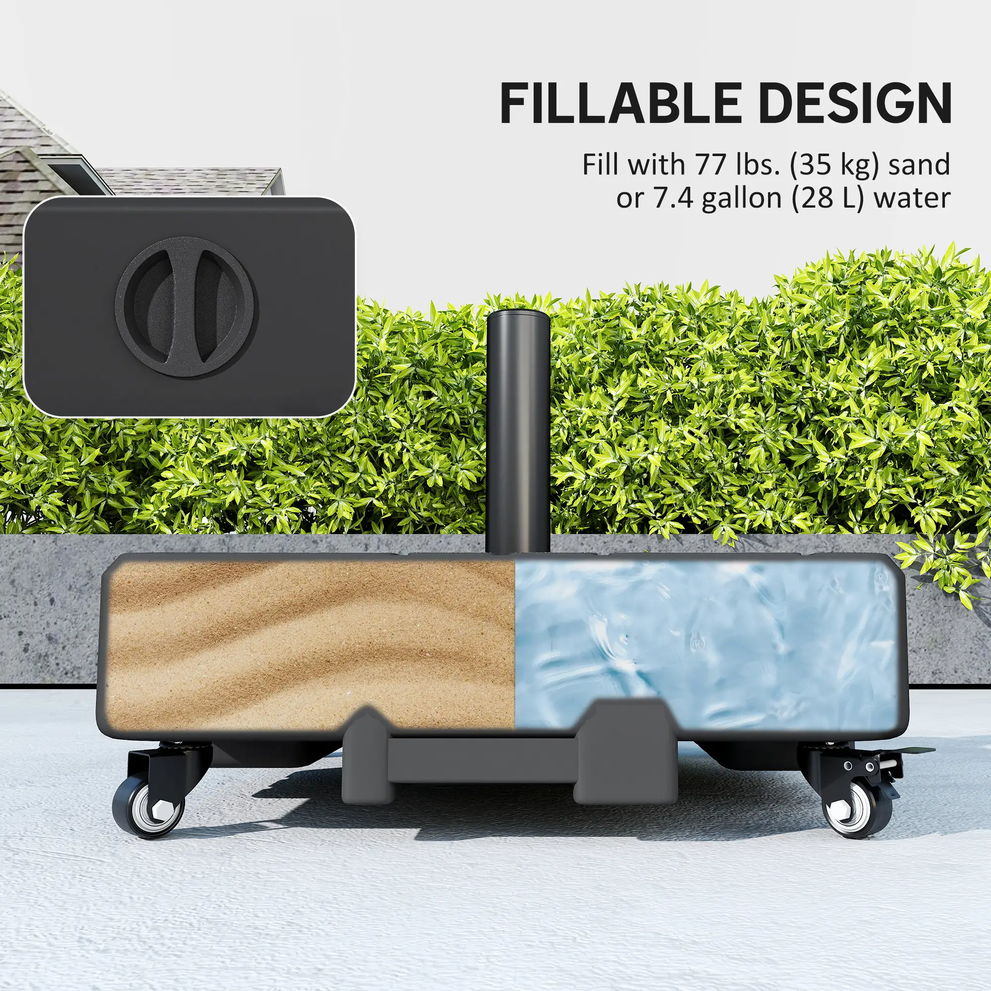 Outdoor Umbrella Base With Wheels, Fillable Stand For 1.5"/1.9" Poles, Black - Image 7