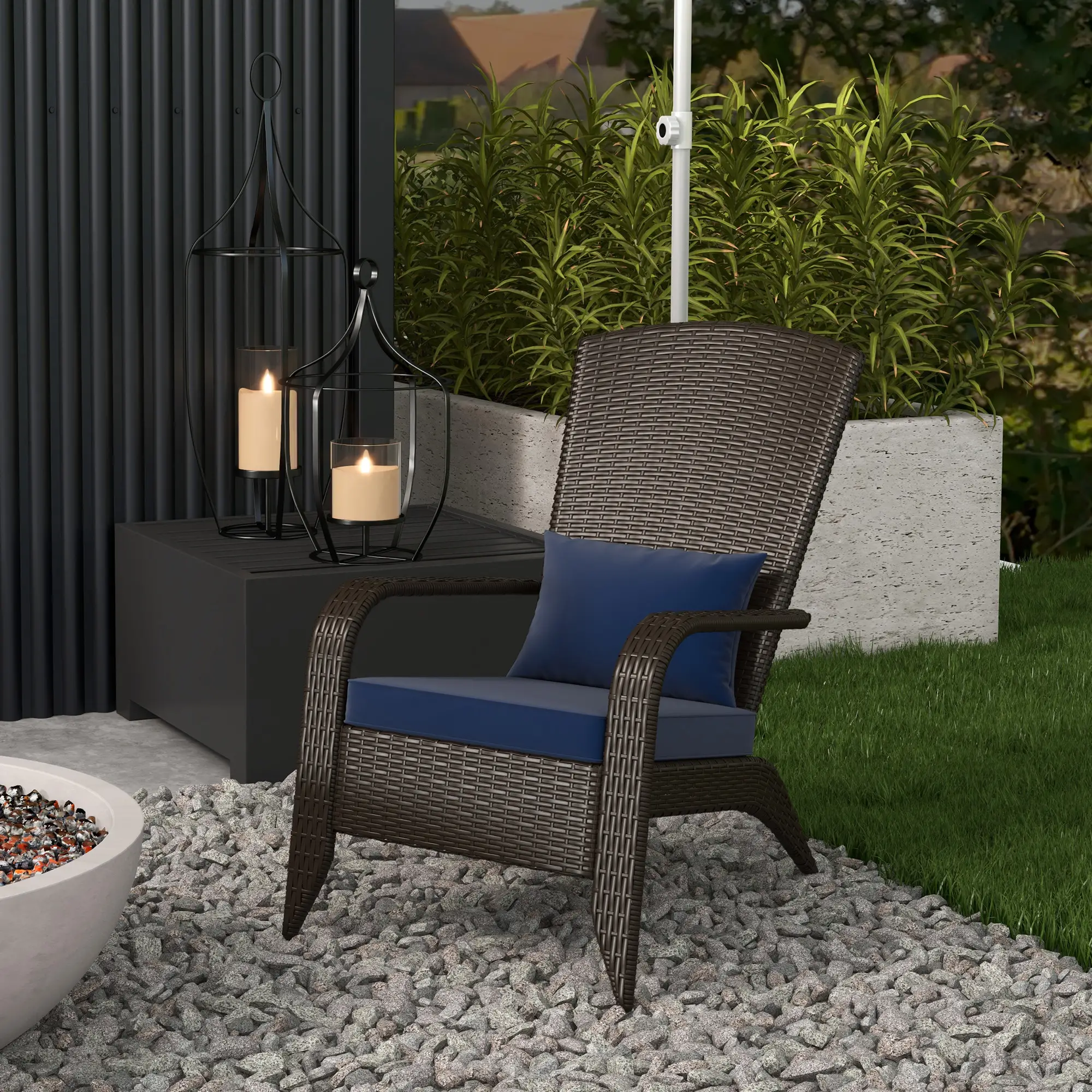Outdoor Wicker Adirondack Chair, Rattan Muskoka Chair with Cushions, Dark Blue - Image 2