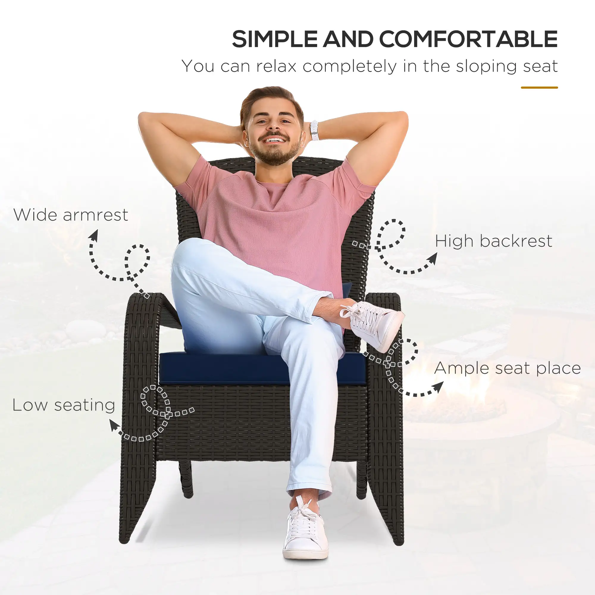Outdoor Wicker Adirondack Chair, Rattan Muskoka Chair with Cushions, Dark Blue - Image 4