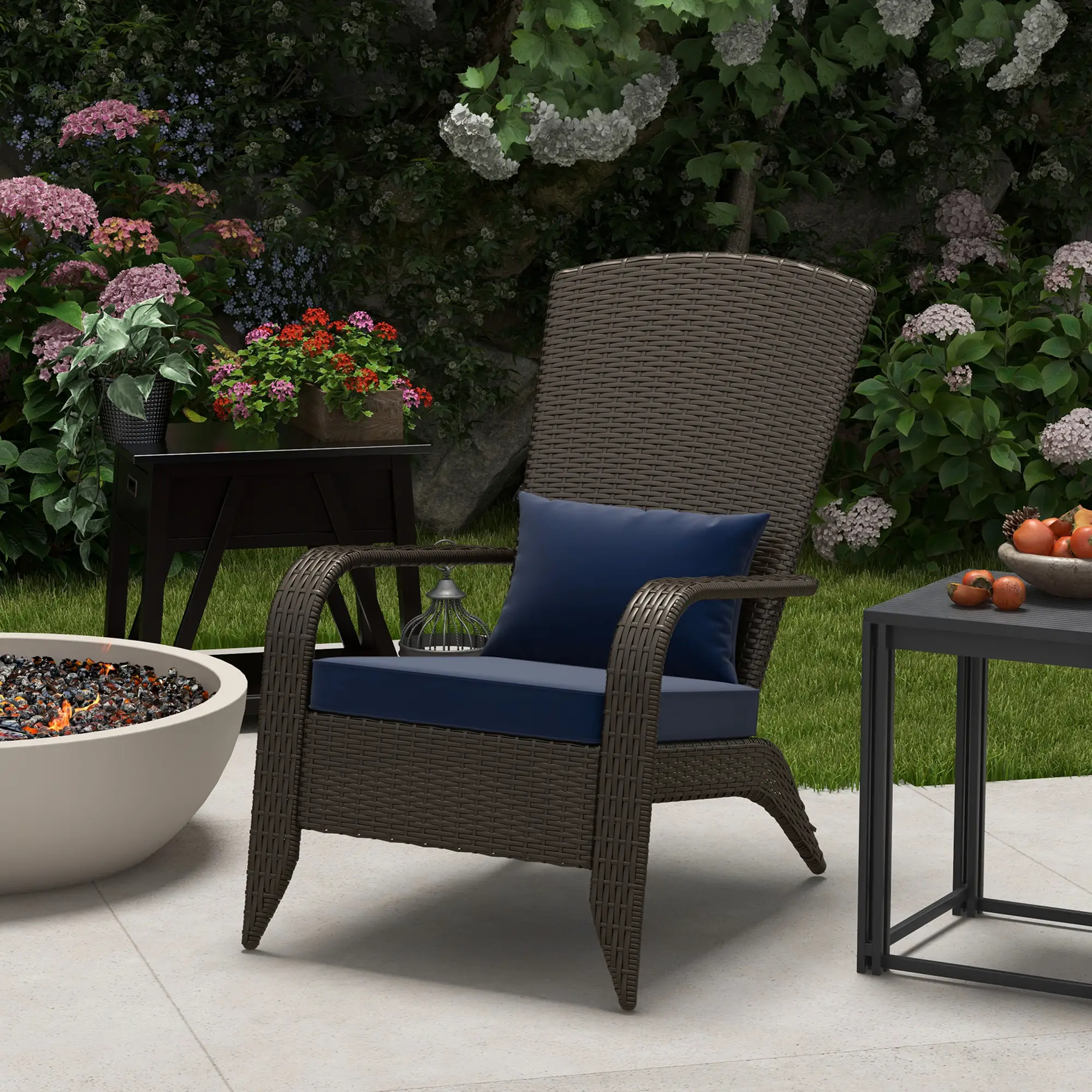 Outdoor Wicker Adirondack Chair, Rattan Muskoka Chair with Cushions, Dark Blue - Image 8