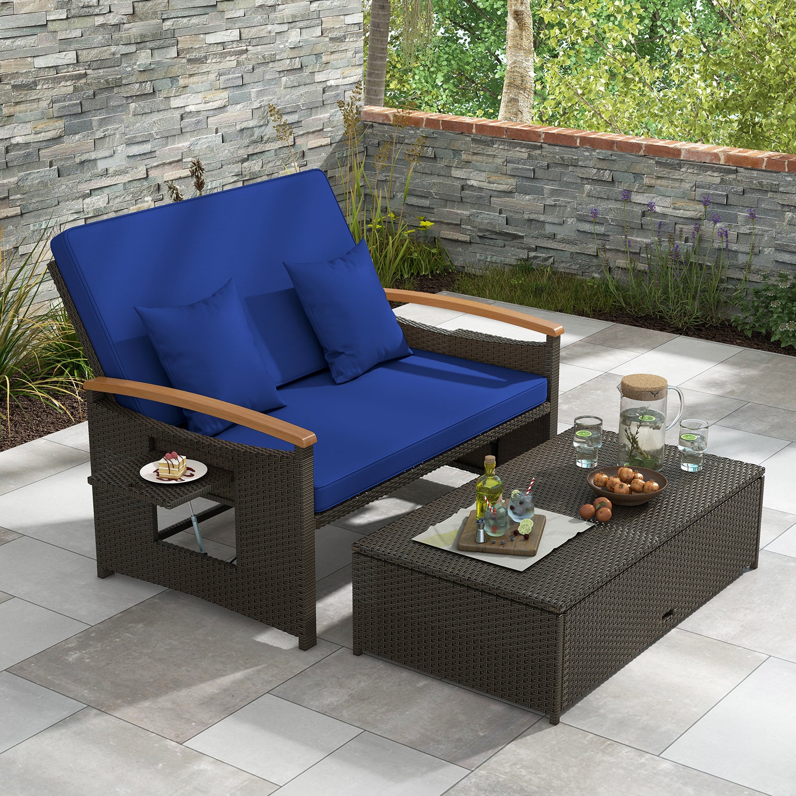 Outdoor Wicker Daybed With Folding Panels, Storage Ottoman, Navy - Image 3