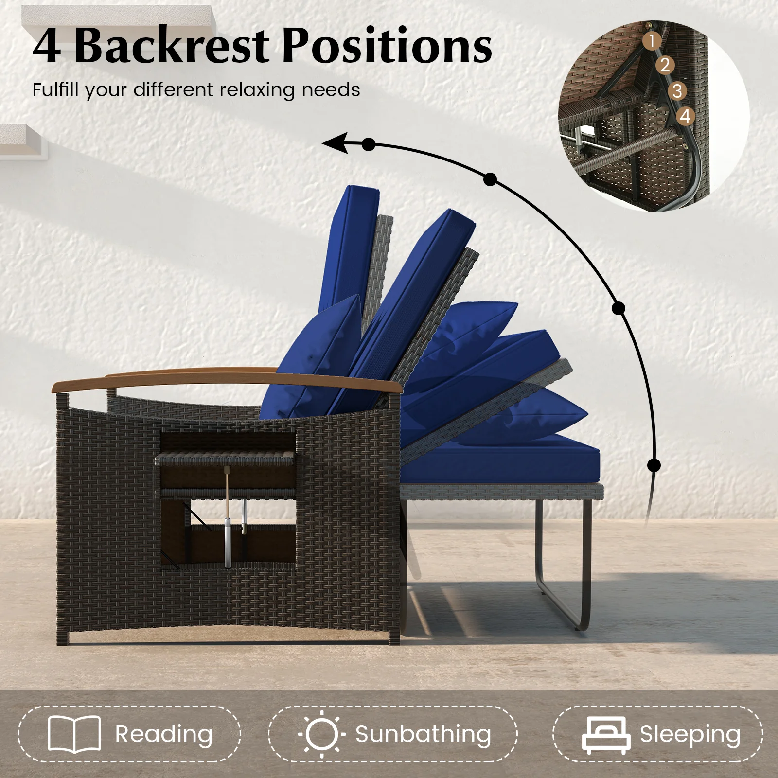 Outdoor Wicker Daybed With Folding Panels, Storage Ottoman, Navy - Image 7