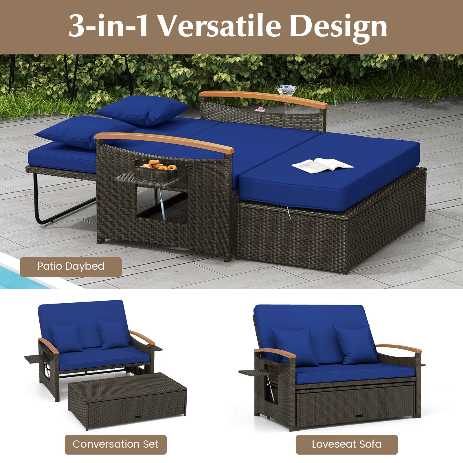 Outdoor Wicker Daybed With Folding Panels, Storage Ottoman, Navy - Image 8