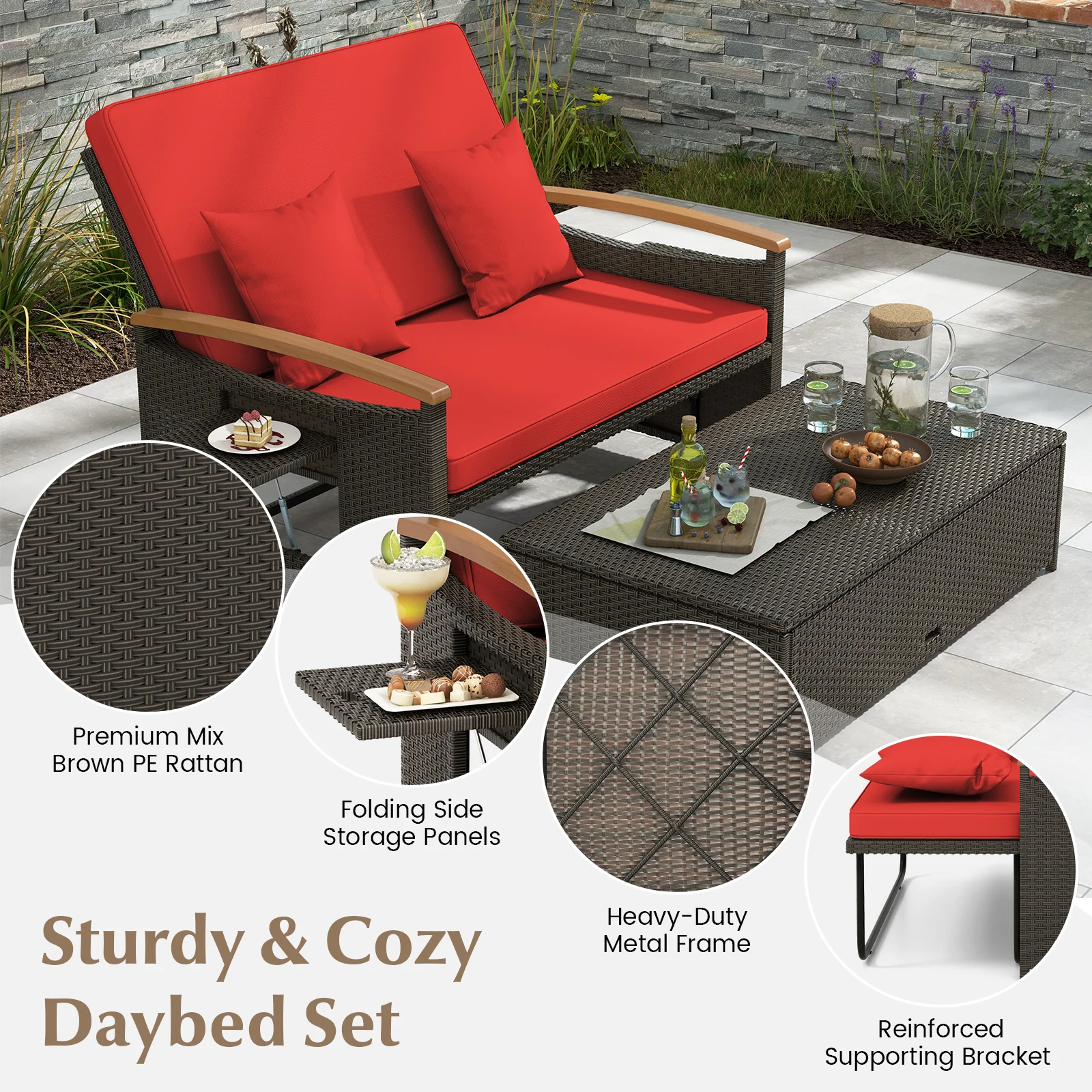 Outdoor Wicker Daybed With Folding Panels, Storage Ottoman, Red - Image 10