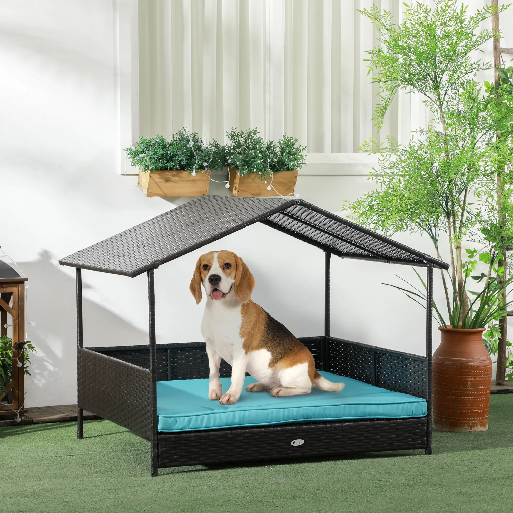 Outdoor Wicker Dog House, Soft Cushion Washable Cover, Medium Large, Blue - Image 2