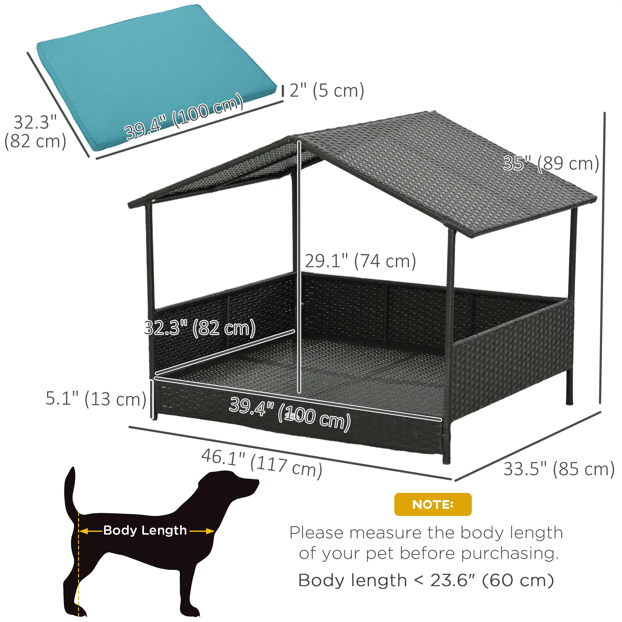 Outdoor Wicker Dog House, Soft Cushion Washable Cover, Medium Large, Blue - Image 3