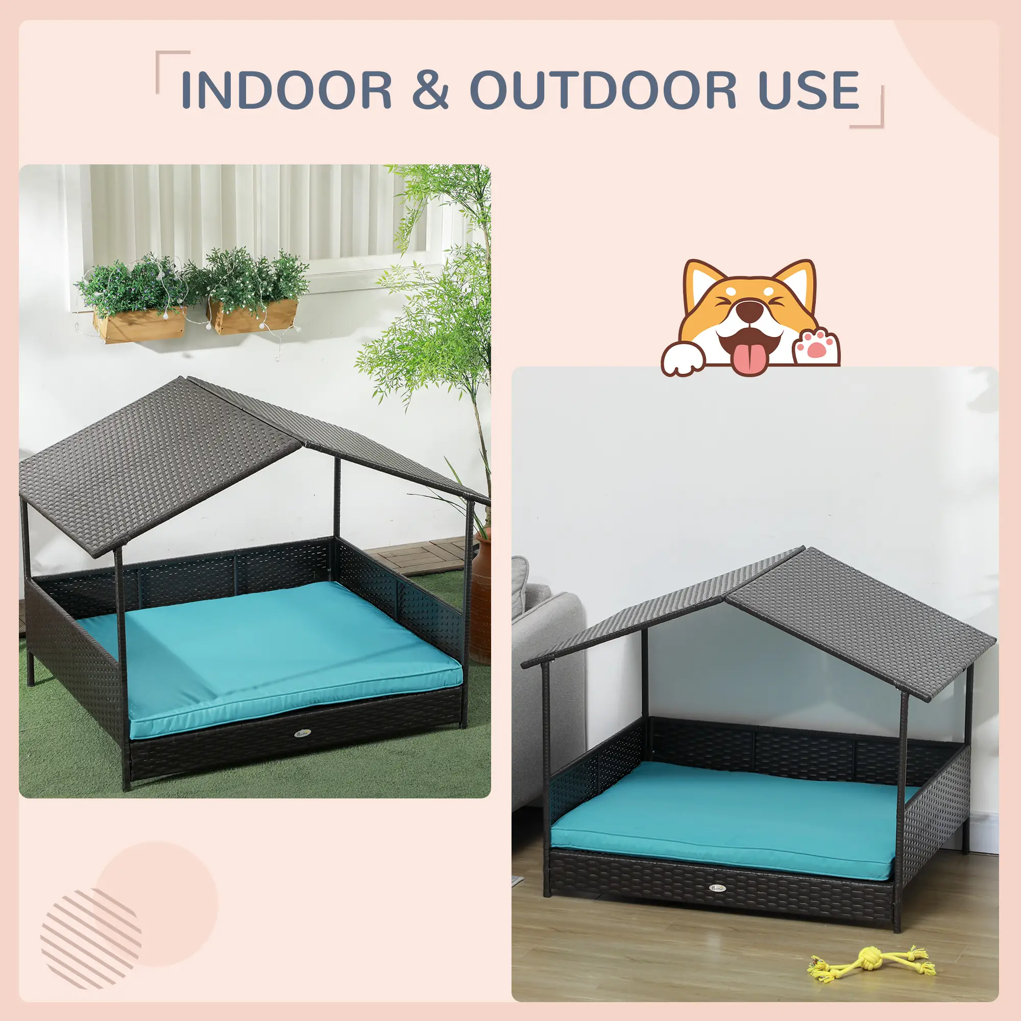 Outdoor Wicker Dog House, Soft Cushion Washable Cover, Medium Large, Blue - Image 4