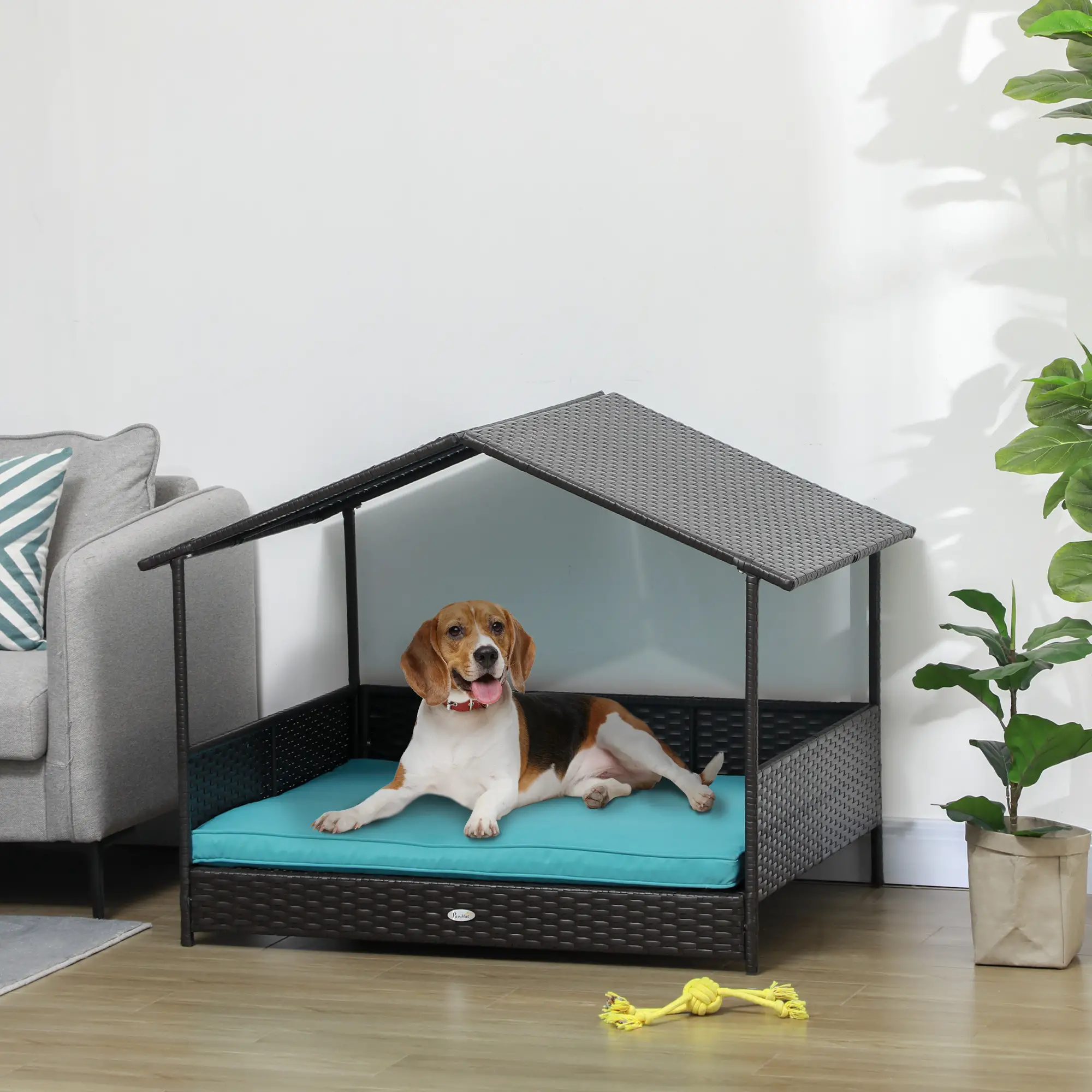 Outdoor Wicker Dog House, Soft Cushion Washable Cover, Medium Large, Blue - Image 8