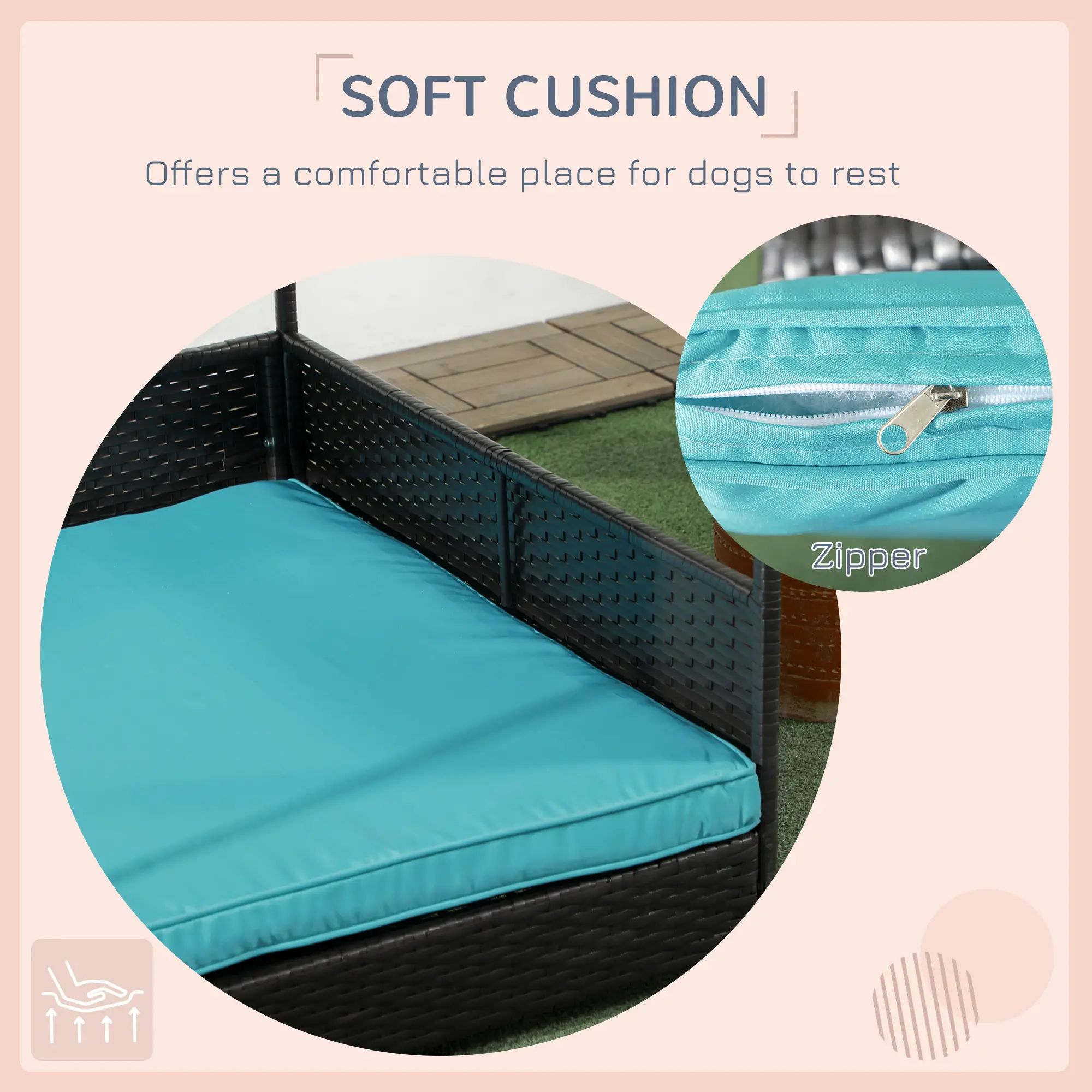 Outdoor Wicker Dog House, Soft Cushion Washable Cover, Medium Large, Blue - Image 9