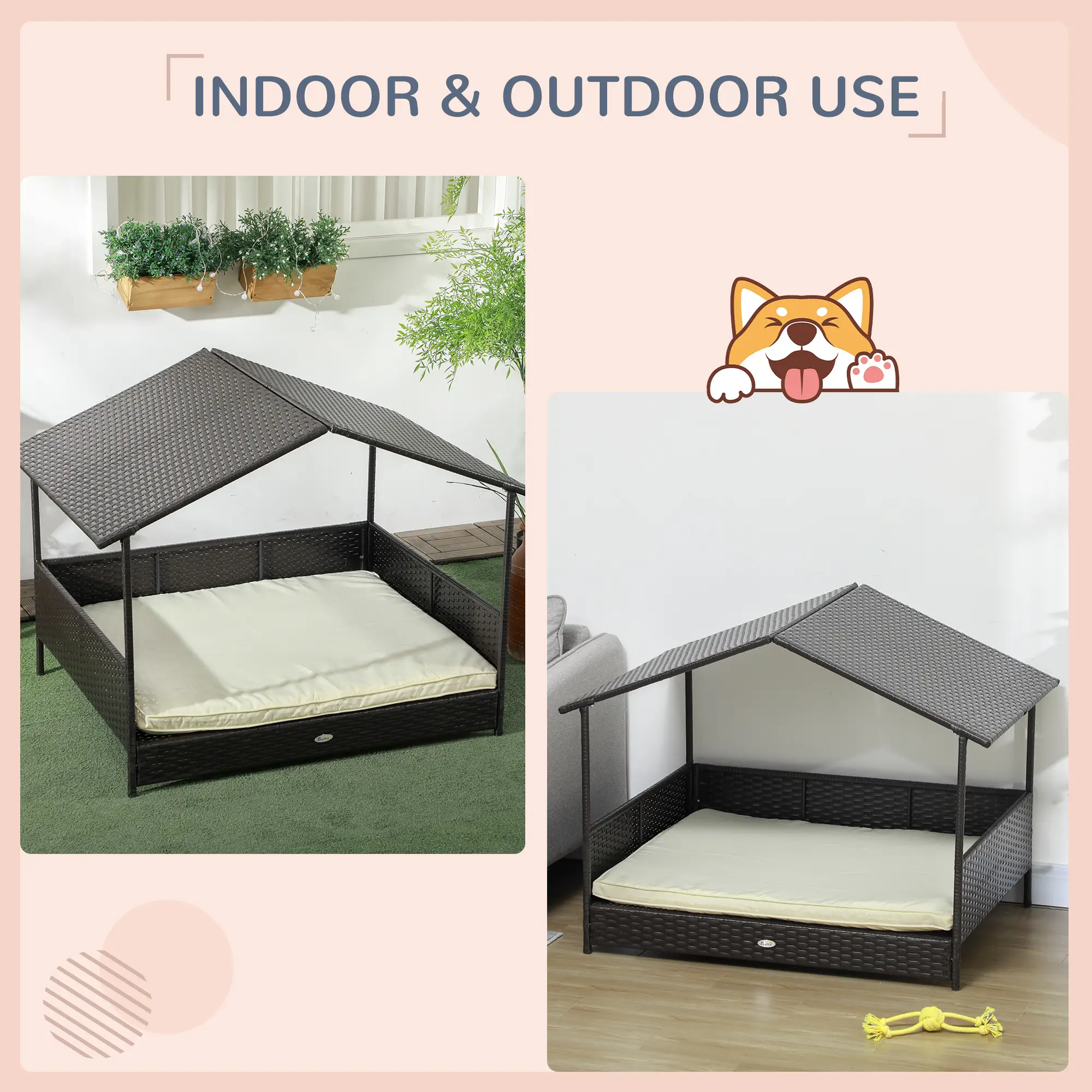 Outdoor Wicker Dog House, Soft Cushion Washable Cover, Medium Large, Cream White - Image 4