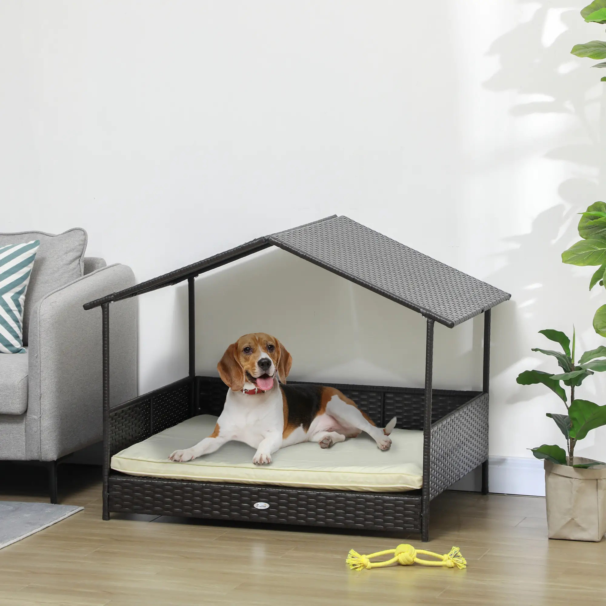 Outdoor Wicker Dog House, Soft Cushion Washable Cover, Medium Large, Cream White - Image 8
