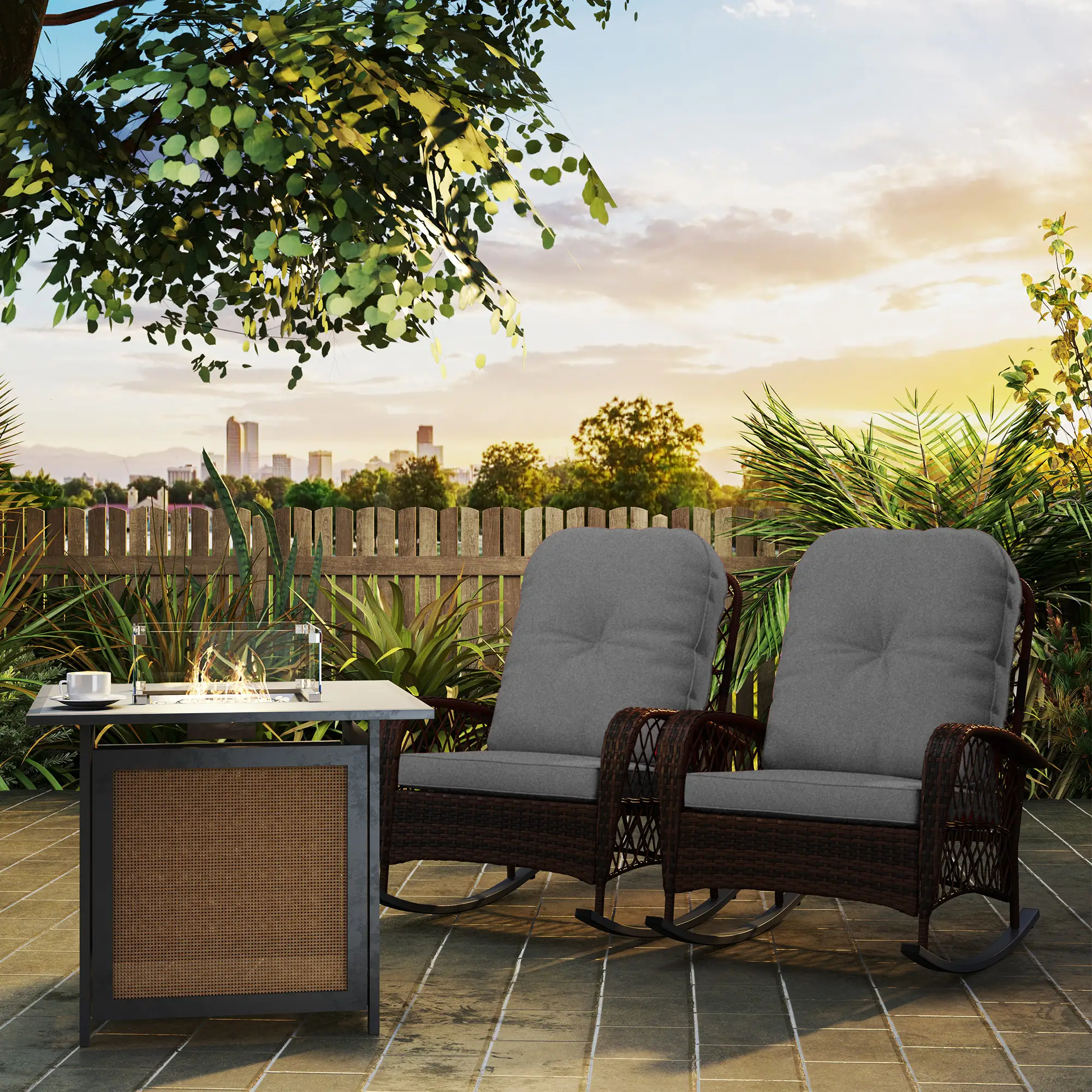 Outdoor Wicker Rattan Rocking Chair Set of 2, Patio Rocker with Cushions, Grey - Image 10