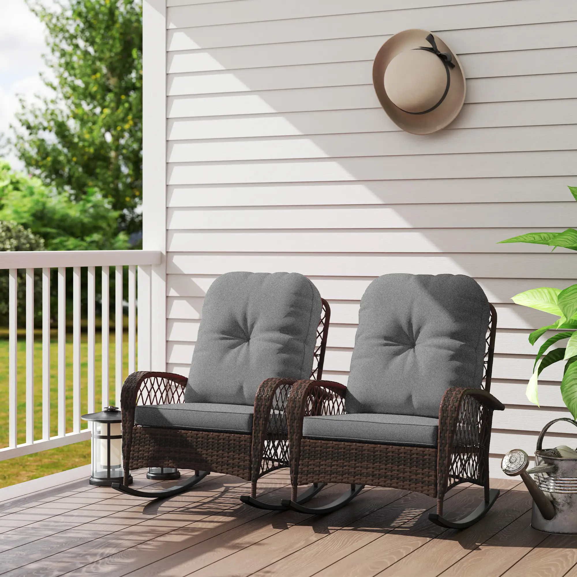 Outdoor Wicker Rattan Rocking Chair Set of 2, Patio Rocker with Cushions, Grey - Image 2