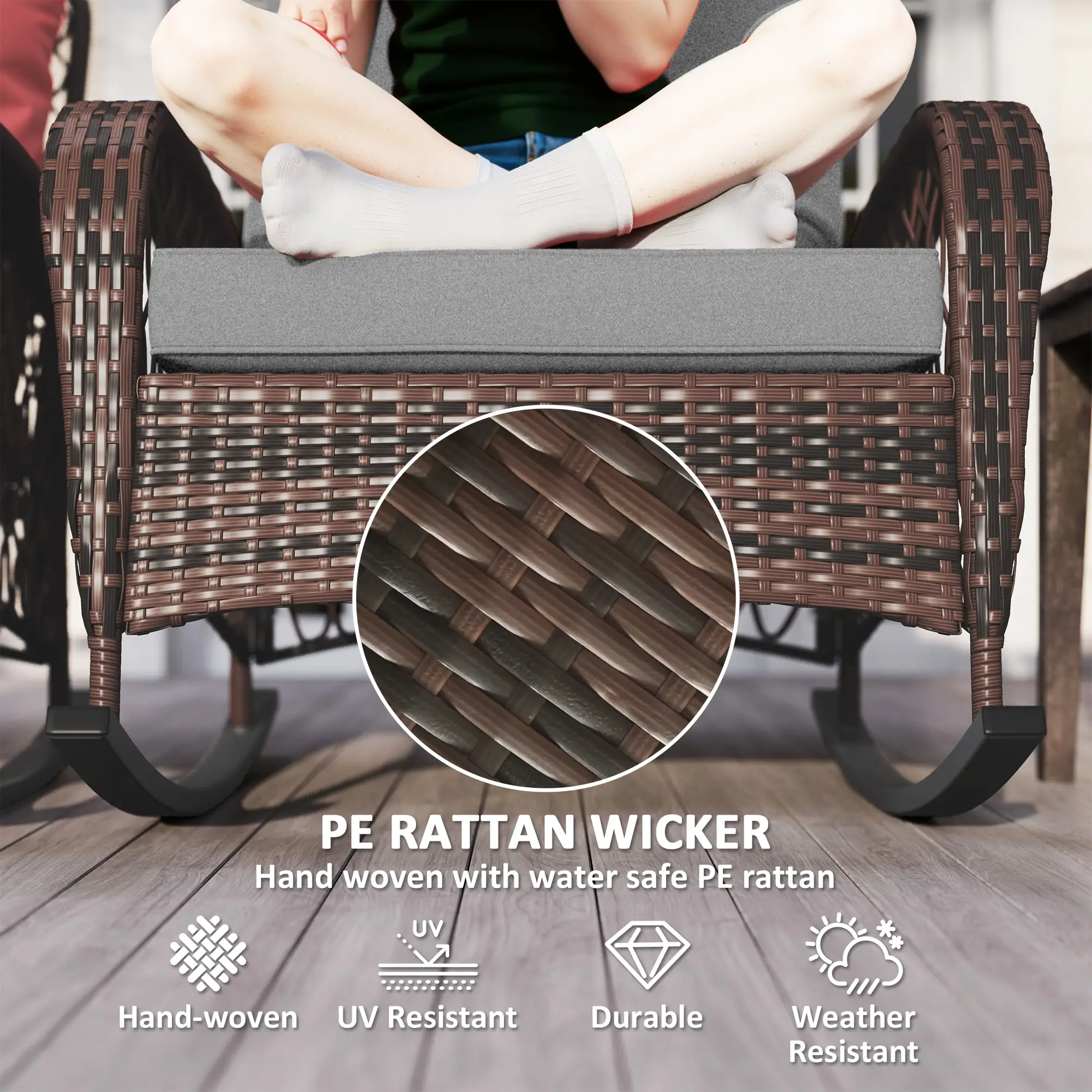 Outdoor Wicker Rattan Rocking Chair Set of 2, Patio Rocker with Cushions, Grey - Image 4