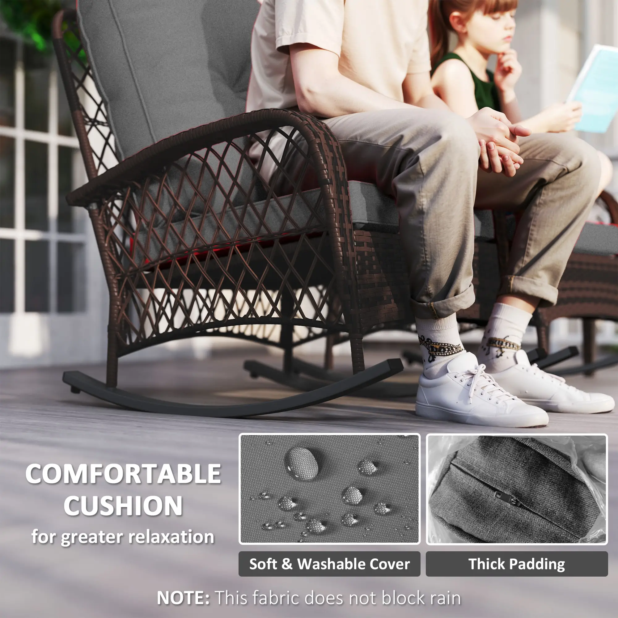 Outdoor Wicker Rattan Rocking Chair Set of 2, Patio Rocker with Cushions, Grey - Image 5