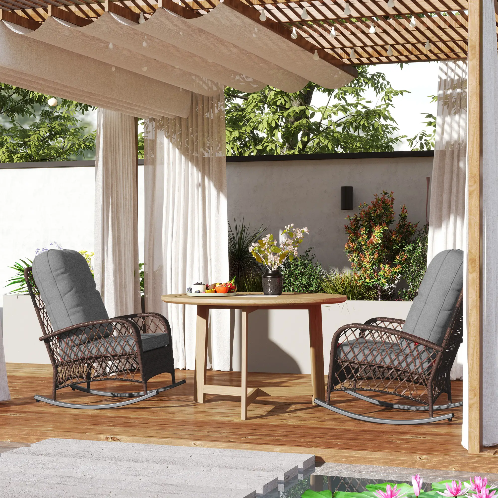 Outdoor Wicker Rattan Rocking Chair Set of 2, Patio Rocker with Cushions, Grey - Image 7