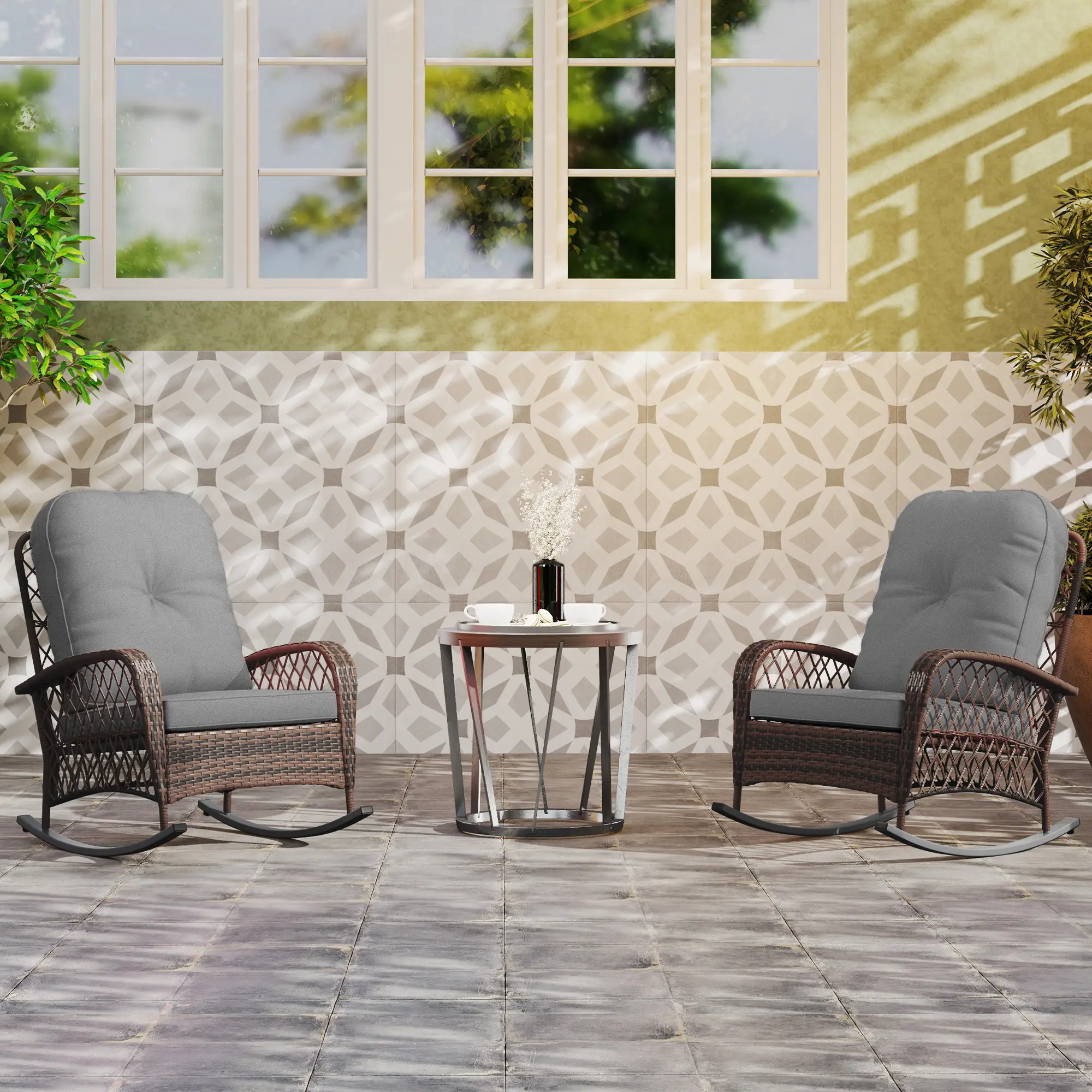 Outdoor Wicker Rattan Rocking Chair Set of 2, Patio Rocker with Cushions, Grey - Image 8