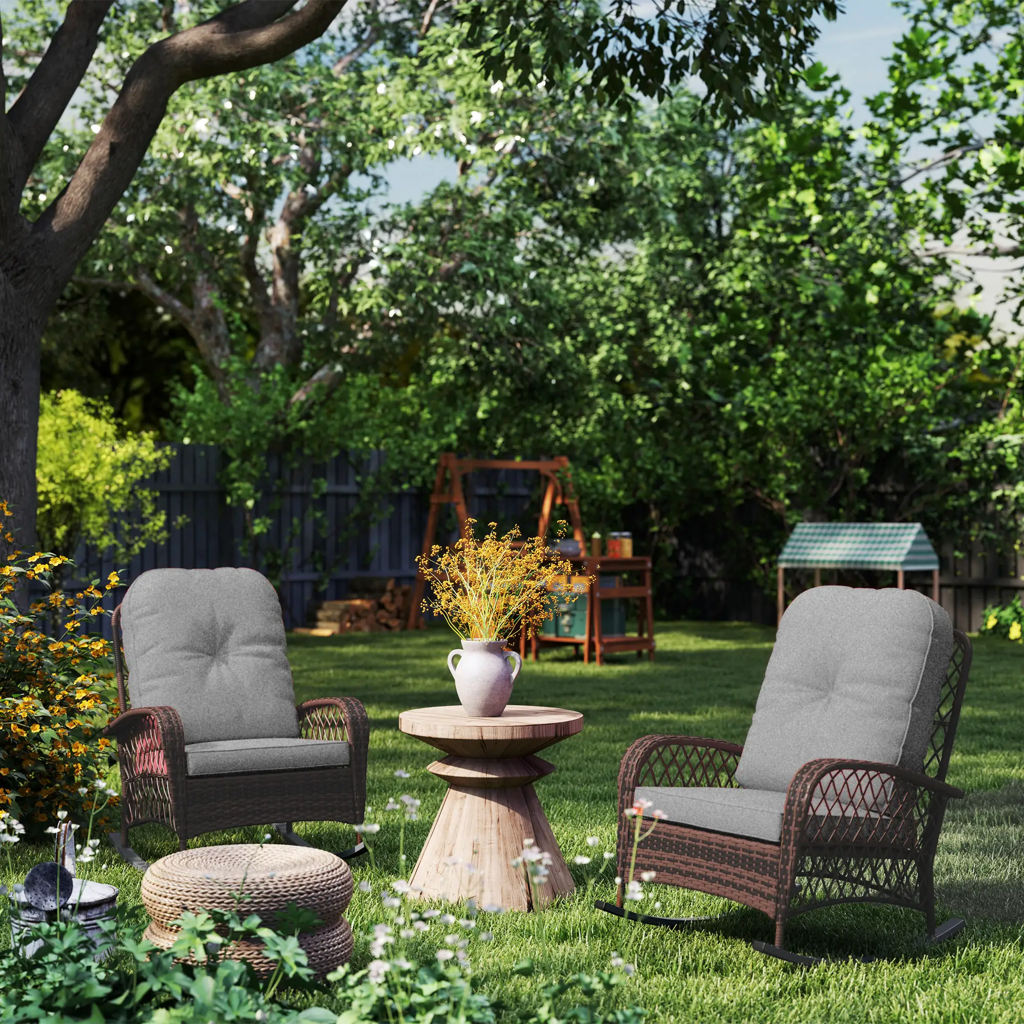 Outdoor Wicker Rattan Rocking Chair Set of 2, Patio Rocker with Cushions, Grey - Image 9