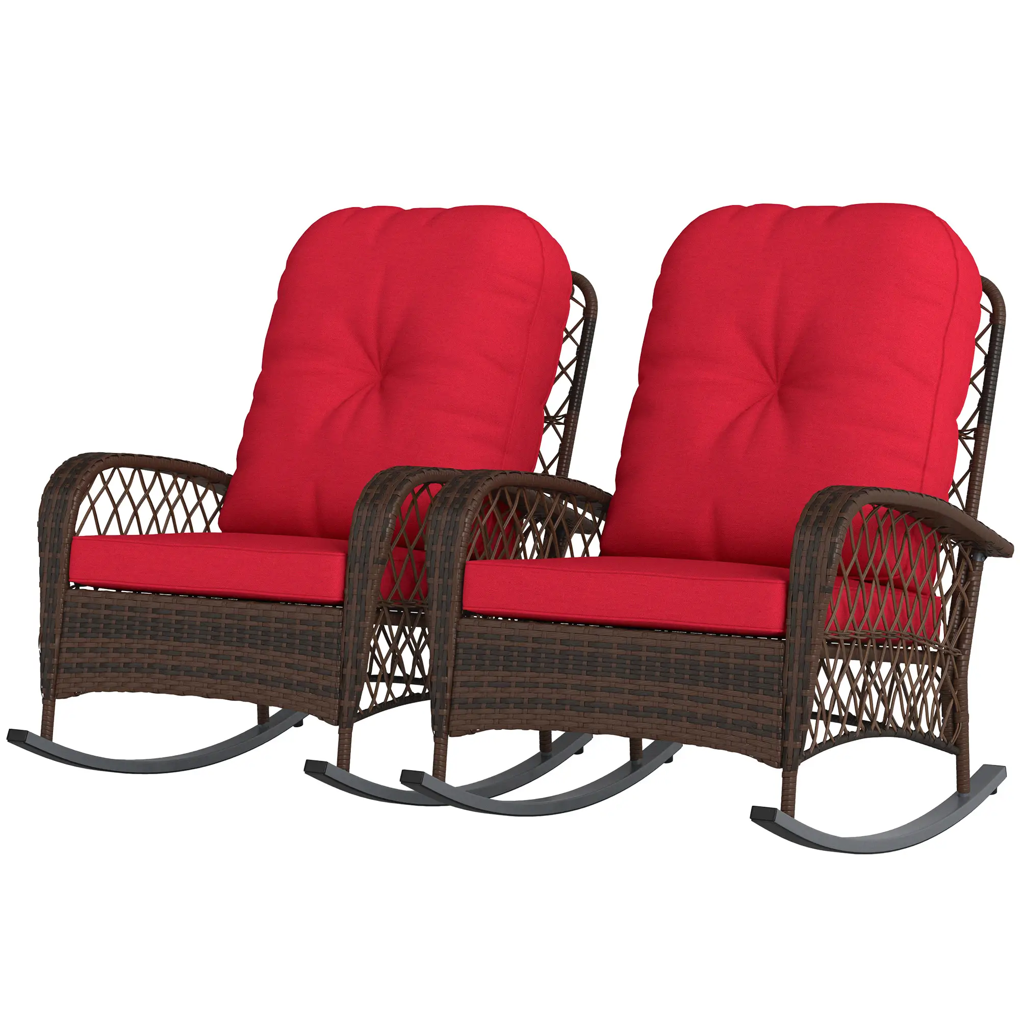 Outdoor Wicker Rattan Rocking Chair Set, Patio Rocker with Cushions, Red