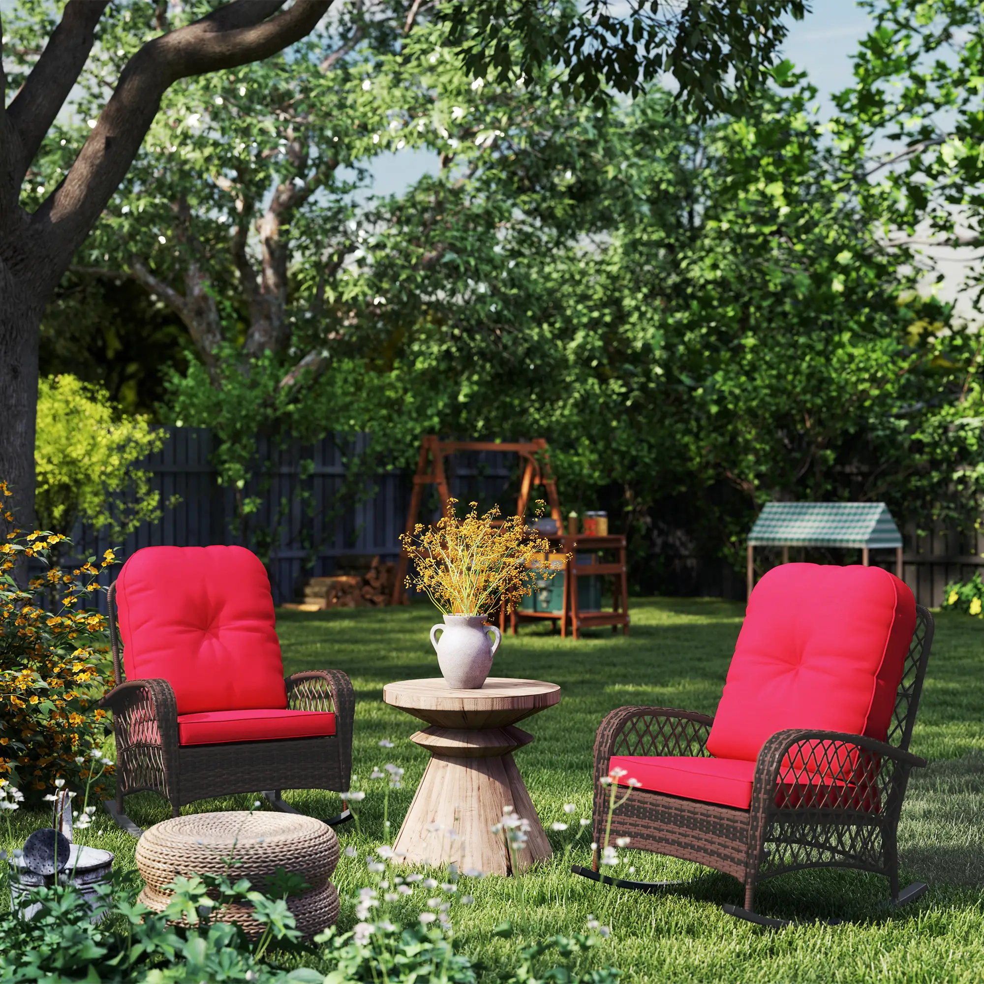 Outdoor Wicker Rattan Rocking Chair Set, Patio Rocker with Cushions, Red - Image 10