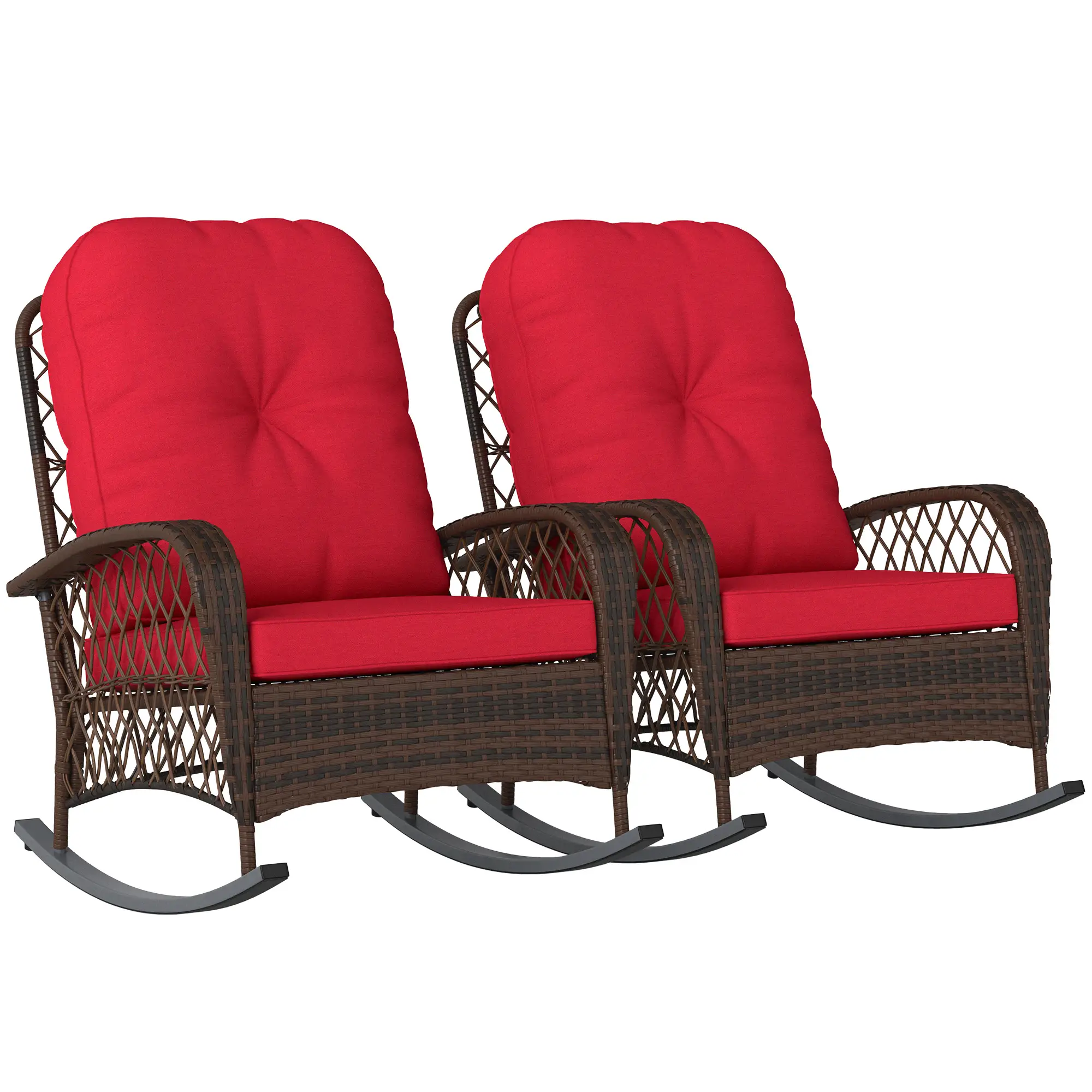 Outdoor Wicker Rattan Rocking Chair Set, Patio Rocker with Cushions, Red - Image 11