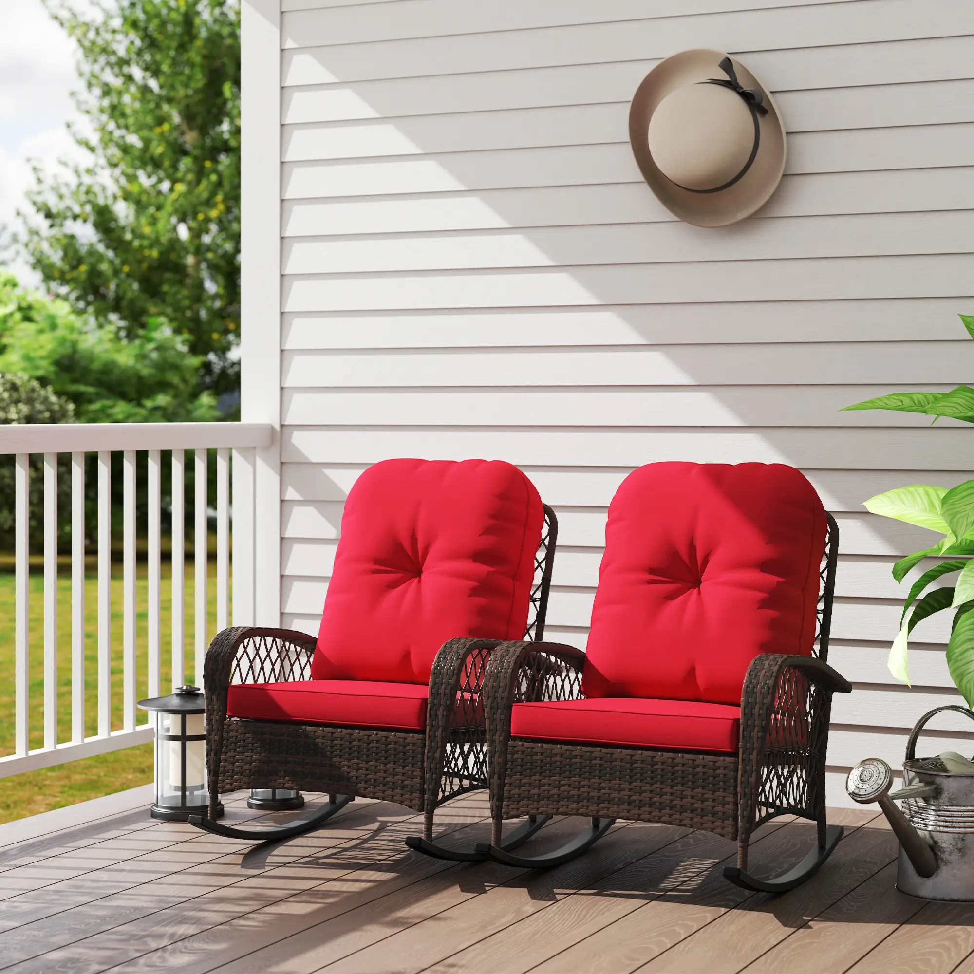 Outdoor Wicker Rattan Rocking Chair Set, Patio Rocker with Cushions, Red - Image 2