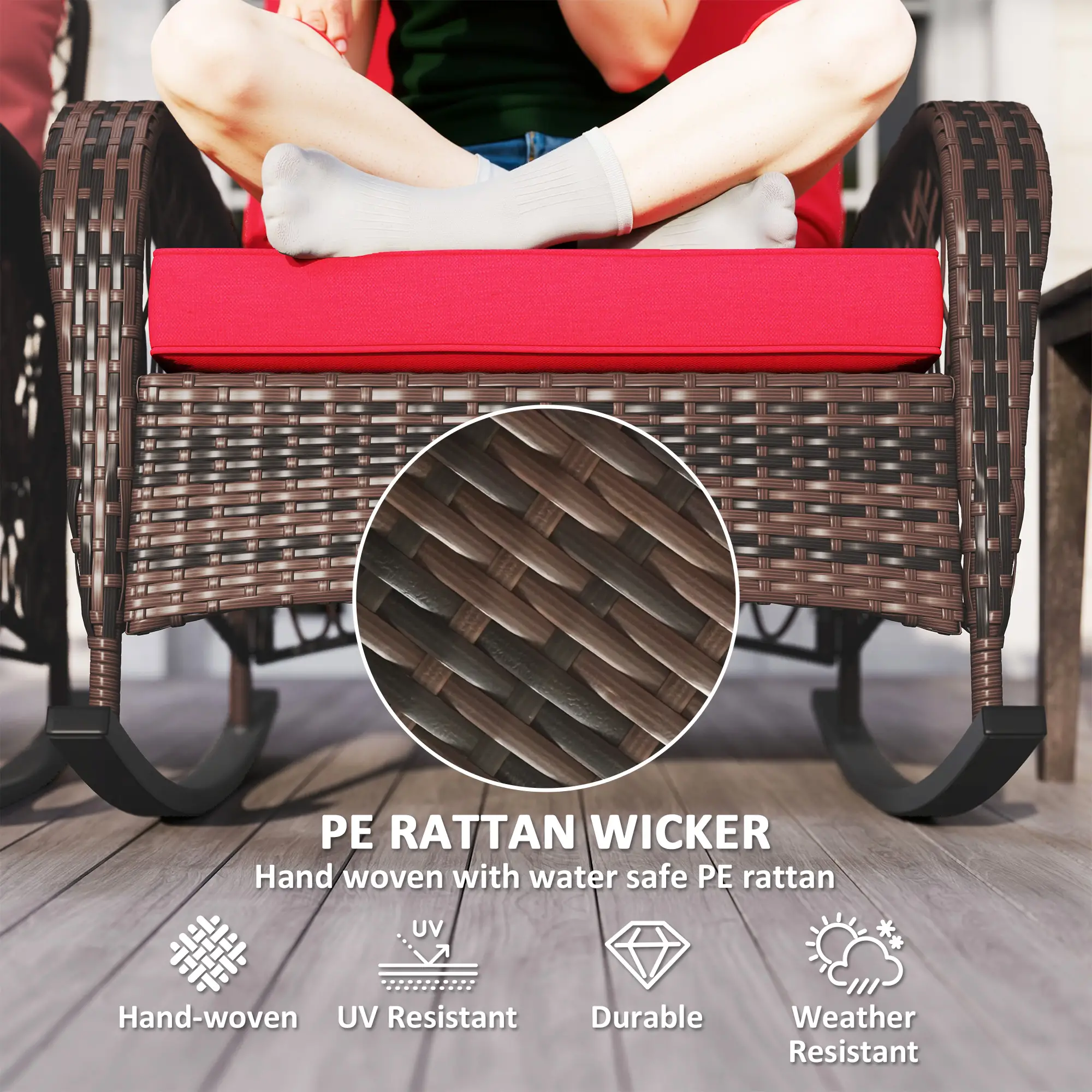 Outdoor Wicker Rattan Rocking Chair Set, Patio Rocker with Cushions, Red - Image 4