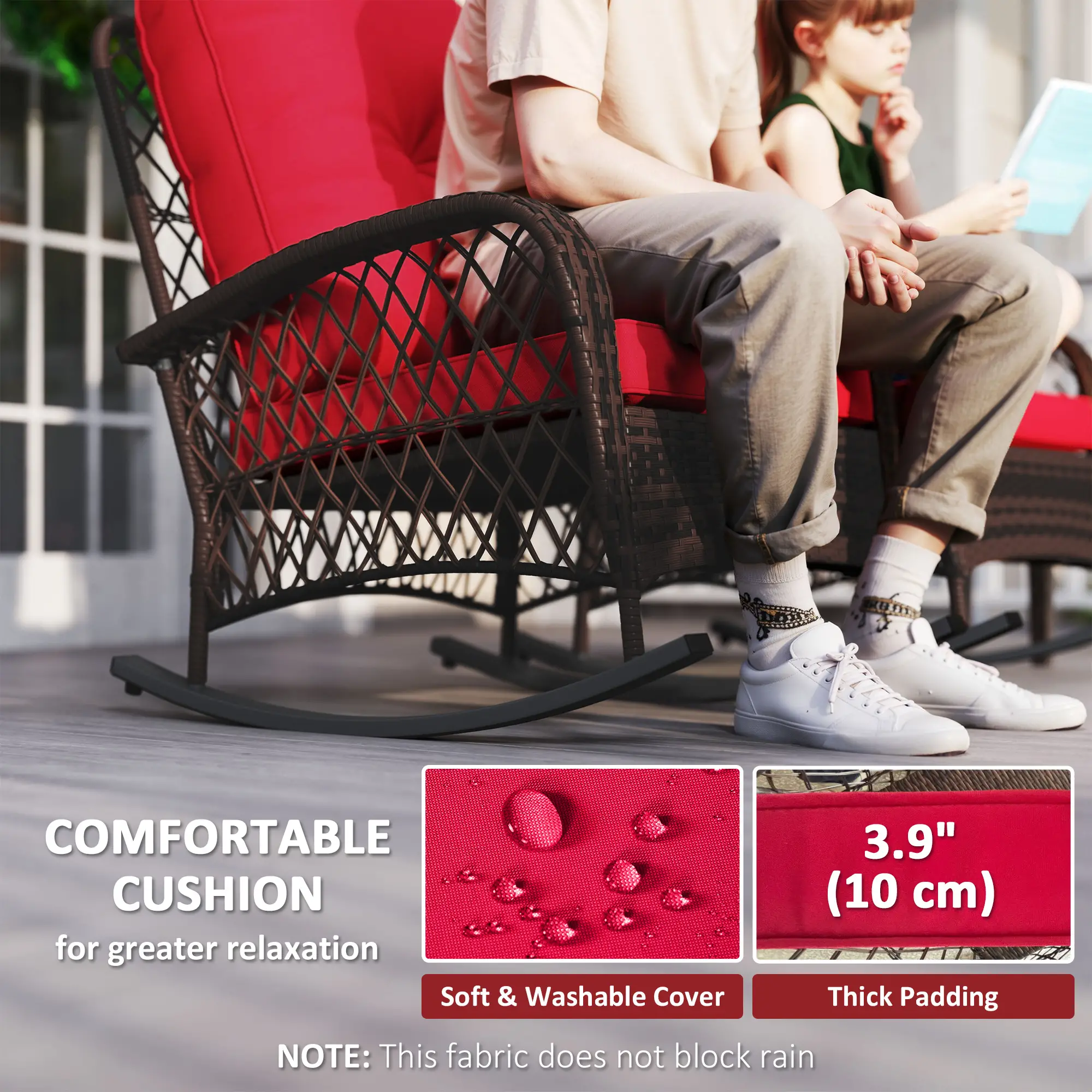 Outdoor Wicker Rattan Rocking Chair Set, Patio Rocker with Cushions, Red - Image 5
