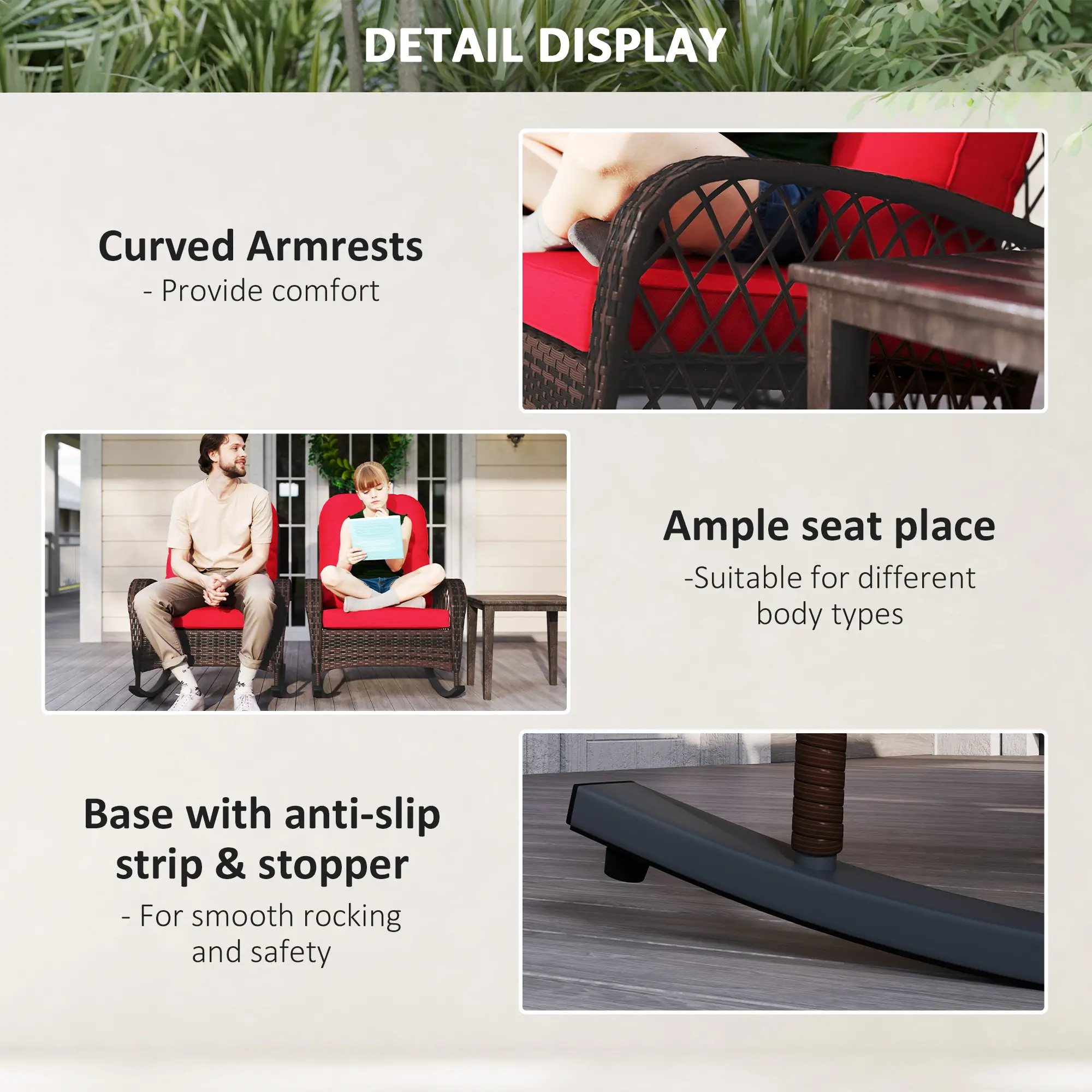 Outdoor Wicker Rattan Rocking Chair Set, Patio Rocker with Cushions, Red - Image 6