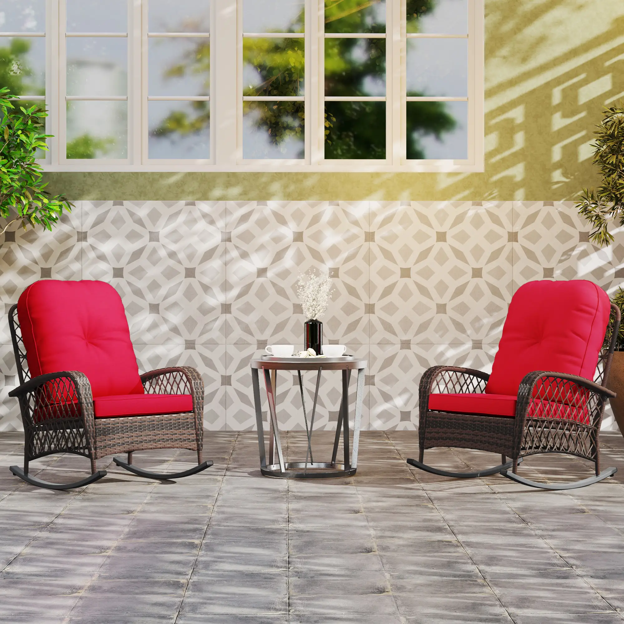 Outdoor Wicker Rattan Rocking Chair Set, Patio Rocker with Cushions, Red - Image 8