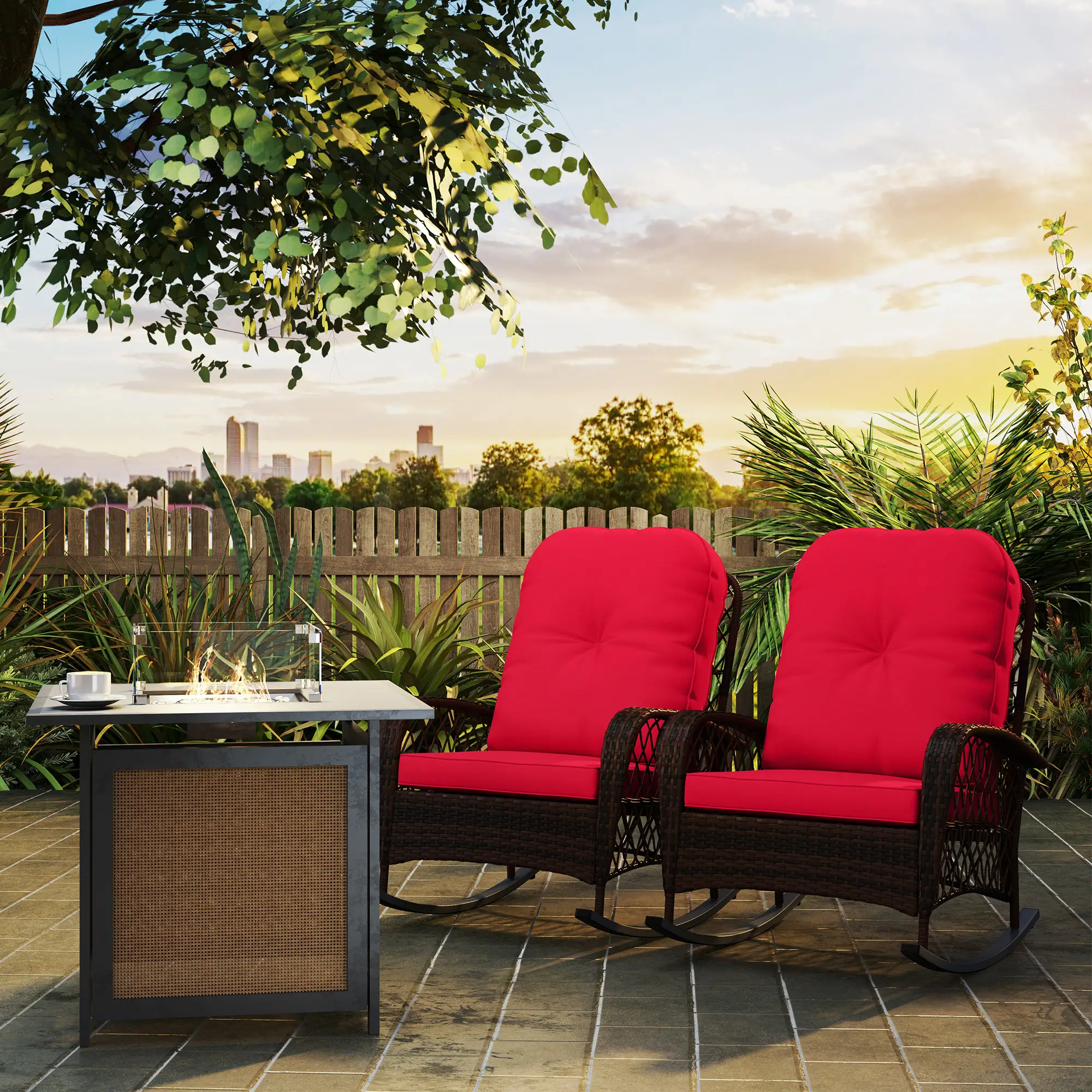 Outdoor Wicker Rattan Rocking Chair Set, Patio Rocker with Cushions, Red - Image 9