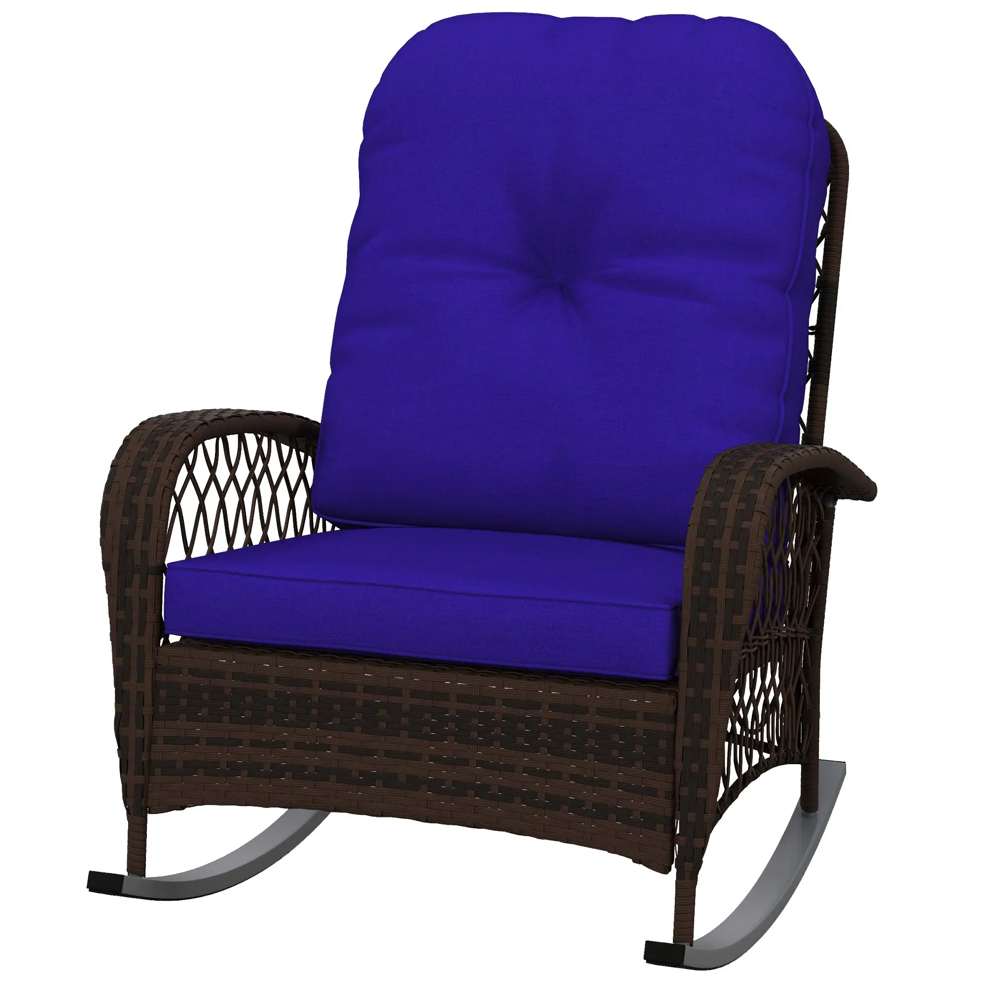 Outdoor Wicker Rattan Rocking Chair, Thick Cushions, Dark Blue