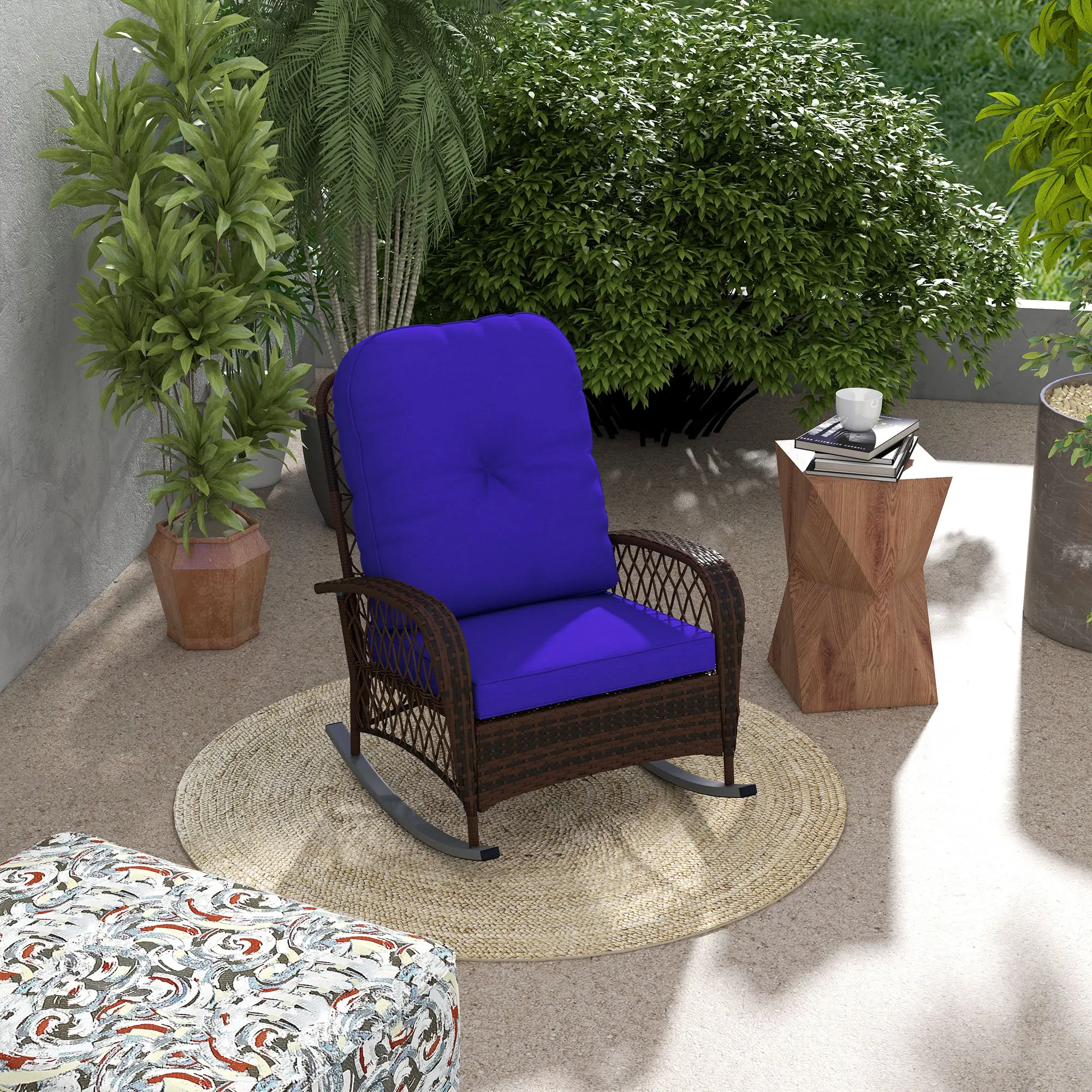 Outdoor Wicker Rattan Rocking Chair, Thick Cushions, Dark Blue - Image 2