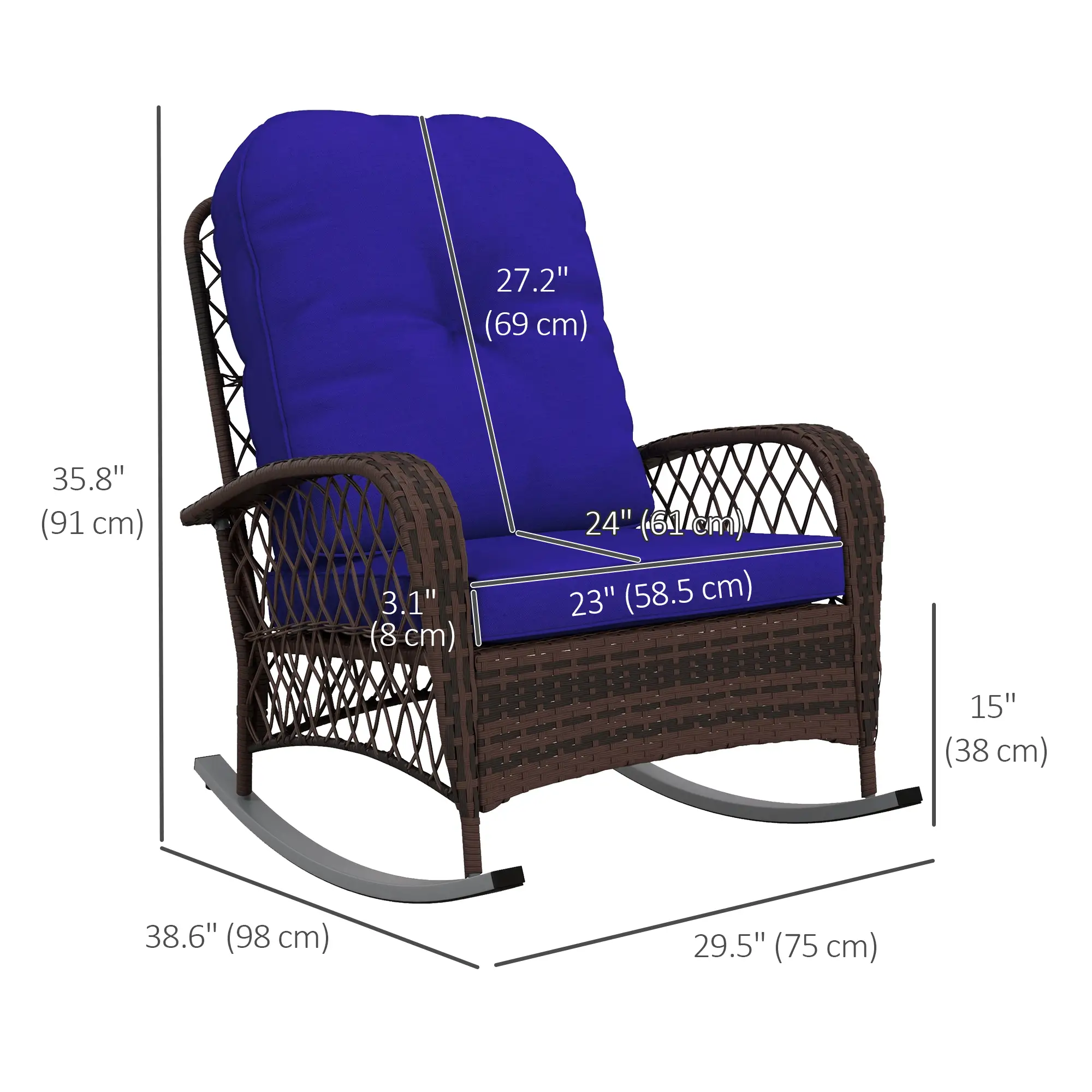 Outdoor Wicker Rattan Rocking Chair, Thick Cushions, Dark Blue - Image 3