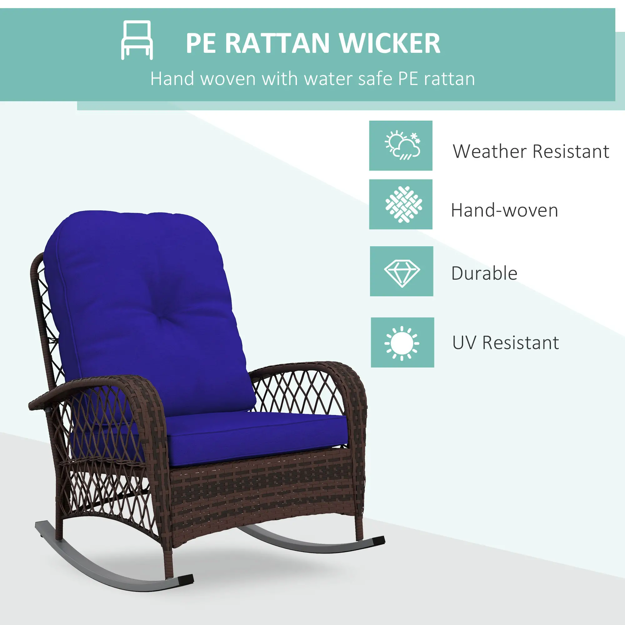 Outdoor Wicker Rattan Rocking Chair, Thick Cushions, Dark Blue - Image 4