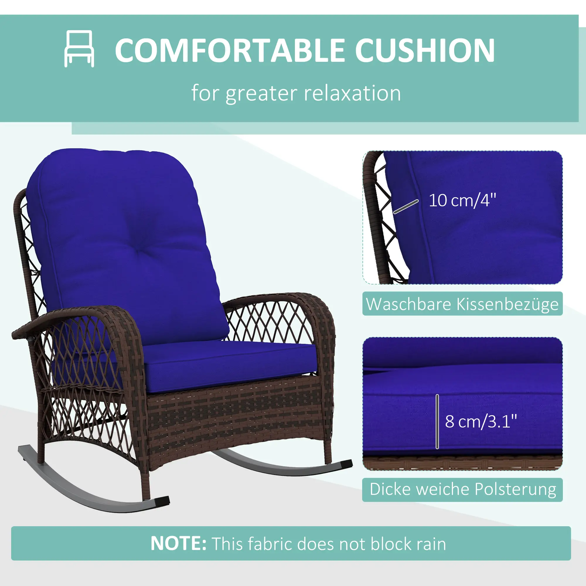 Outdoor Wicker Rattan Rocking Chair, Thick Cushions, Dark Blue - Image 5