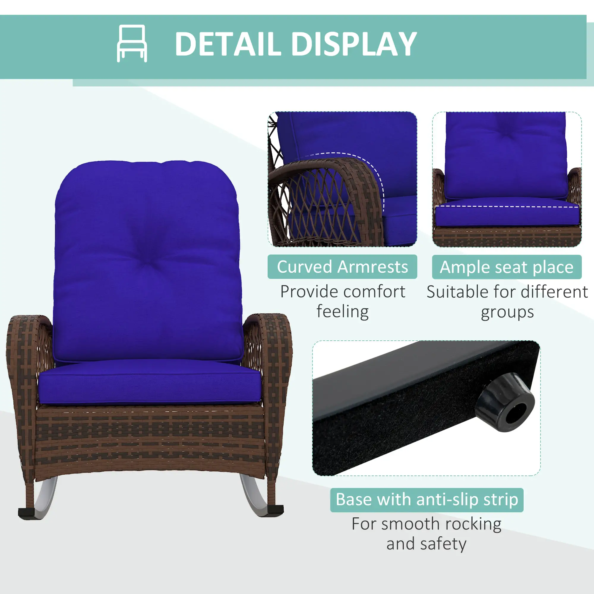 Outdoor Wicker Rattan Rocking Chair, Thick Cushions, Dark Blue - Image 6
