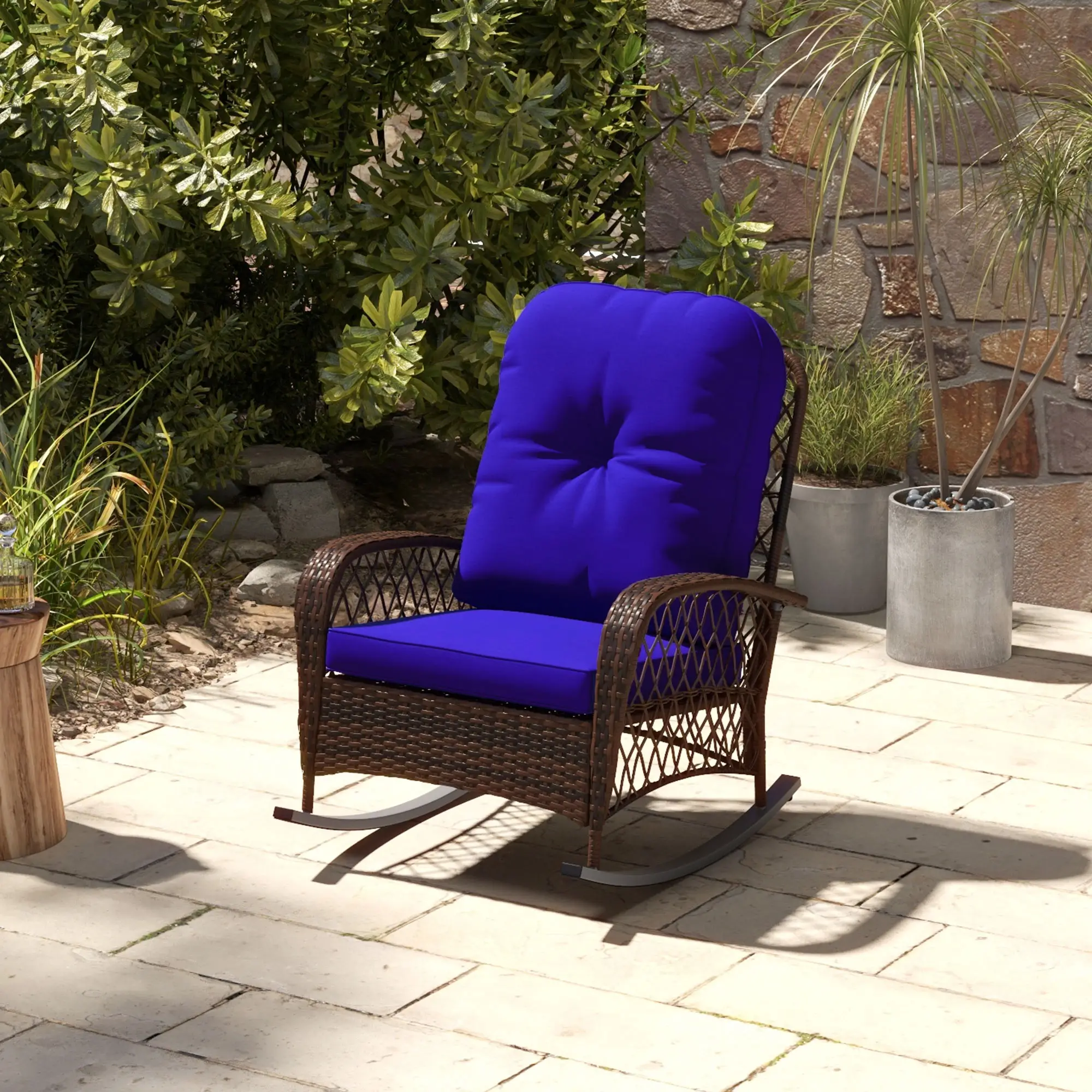Outdoor Wicker Rattan Rocking Chair, Thick Cushions, Dark Blue - Image 8