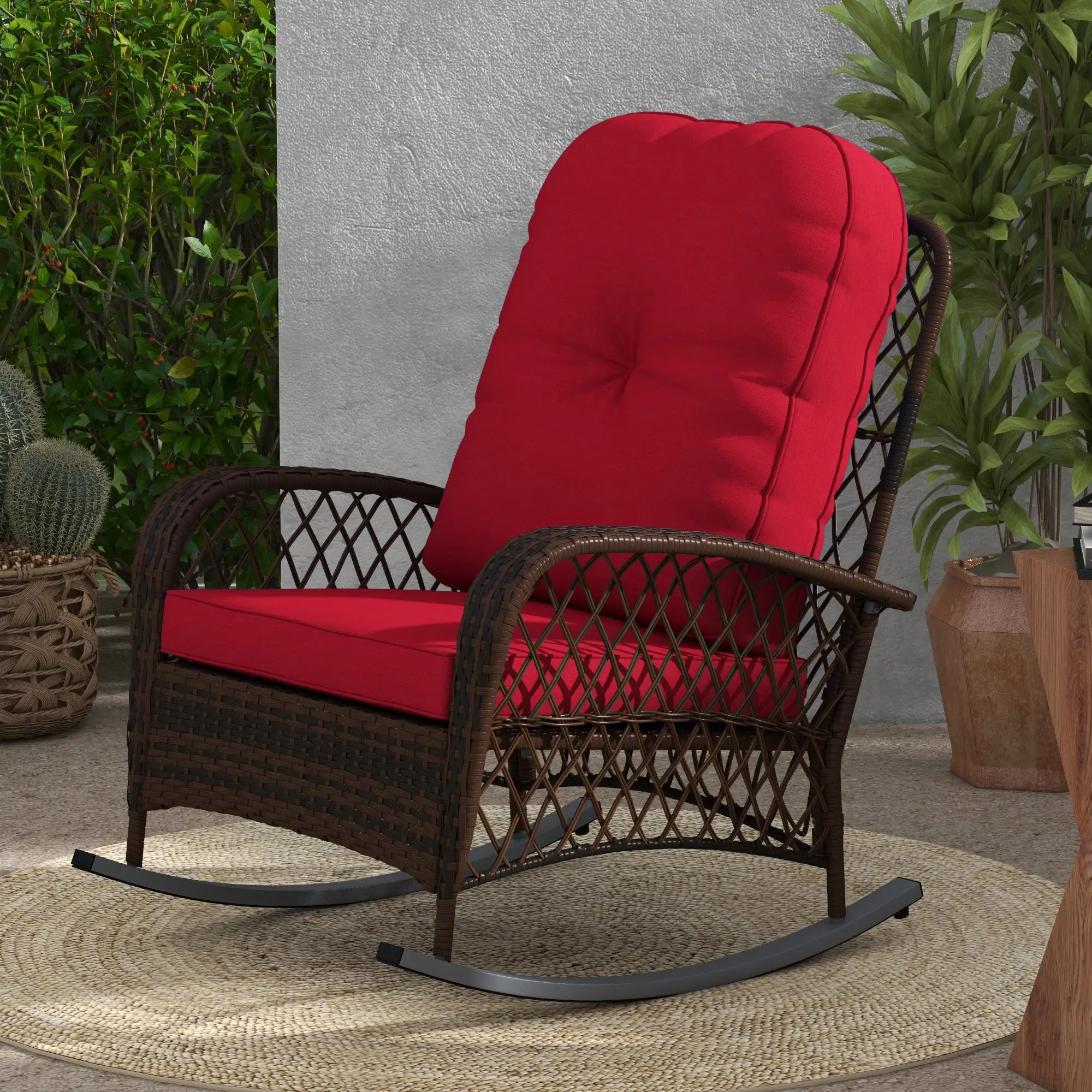 Outdoor Wicker Rattan Rocking Chair, Thick Cushions, Garden Backyard Porch, Red - Image 10