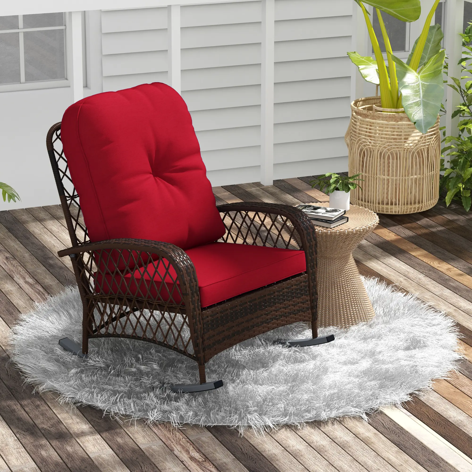 Outdoor Wicker Rattan Rocking Chair, Thick Cushions, Garden Backyard Porch, Red - Image 2