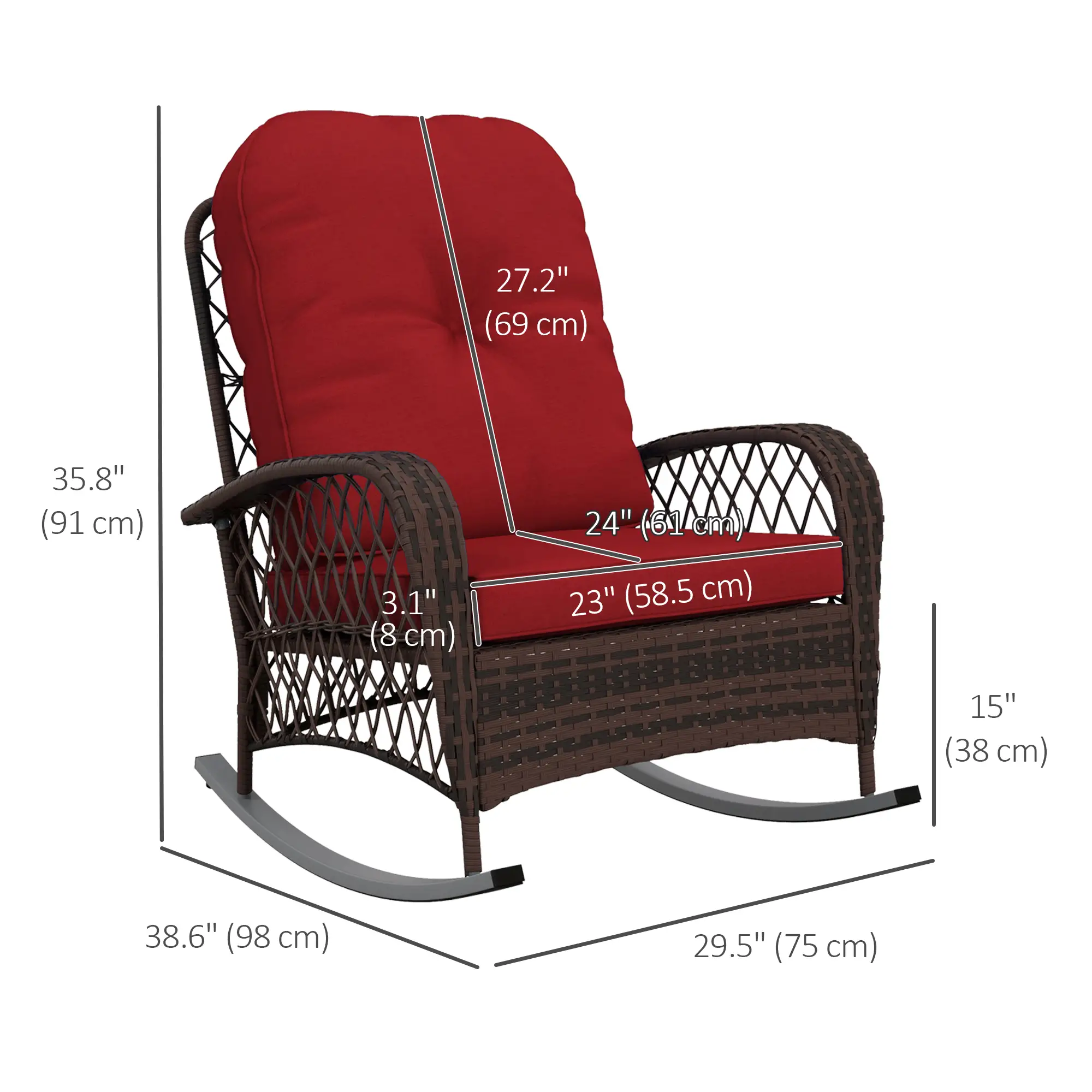 Outdoor Wicker Rattan Rocking Chair, Thick Cushions, Garden Backyard Porch, Red - Image 3