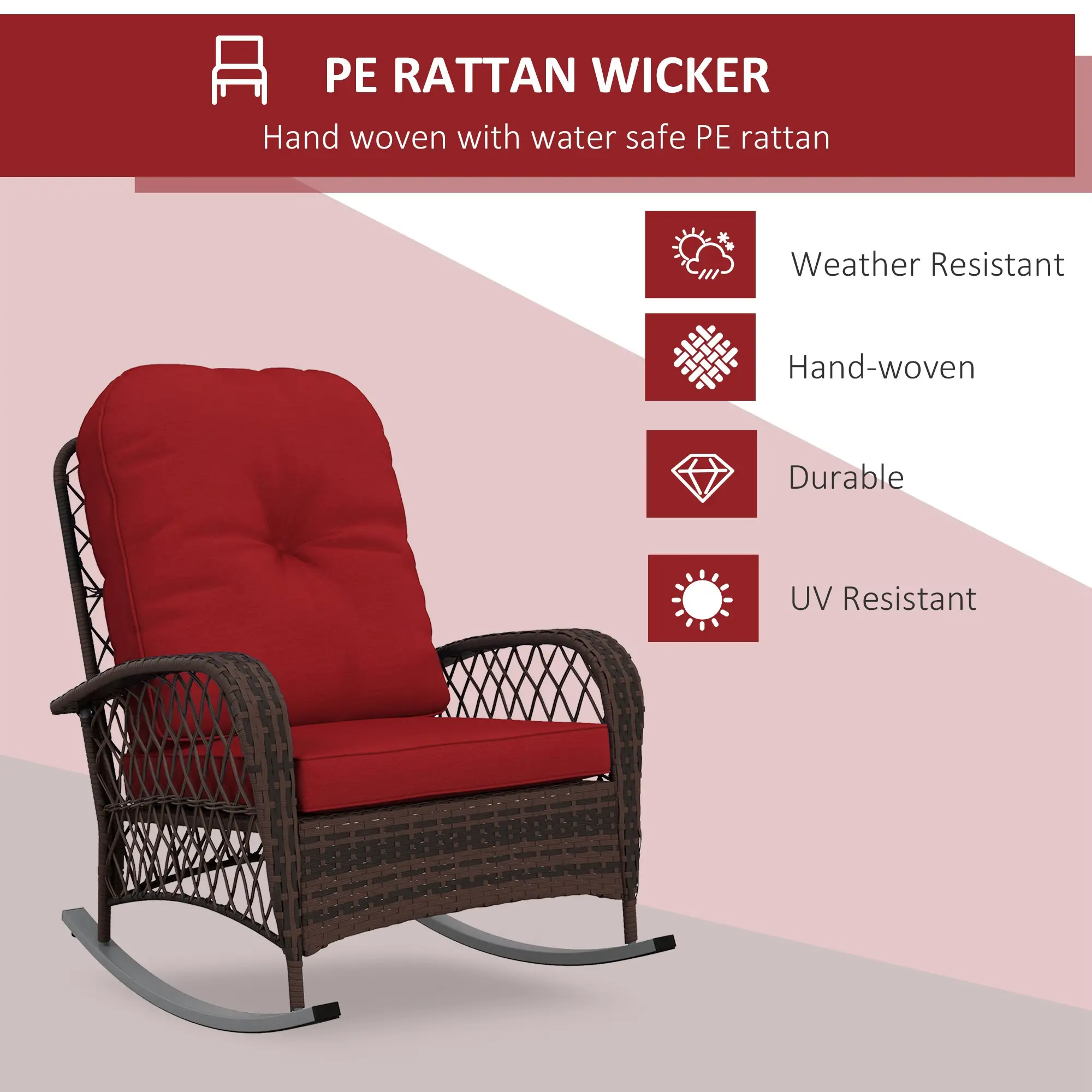 Outdoor Wicker Rattan Rocking Chair, Thick Cushions, Garden Backyard Porch, Red - Image 4